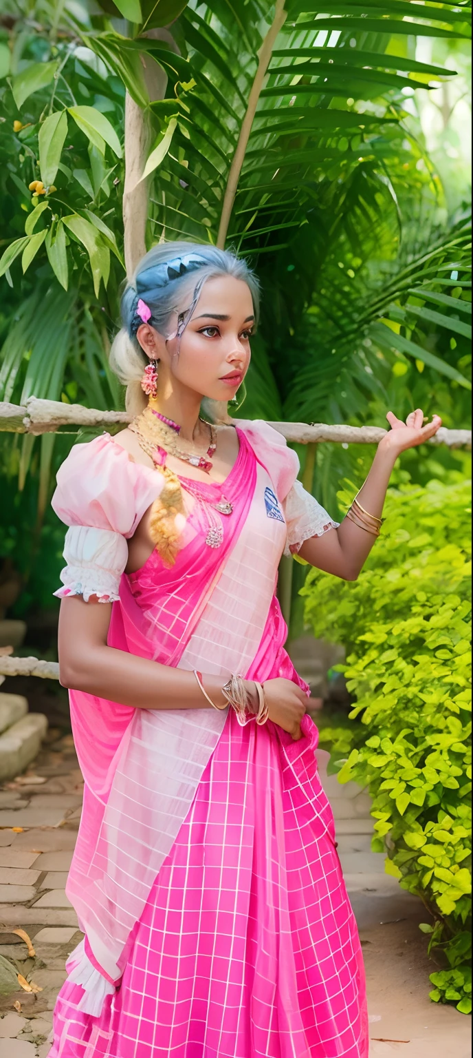 best quality, masterpiece, high_res, 1girl, hair ornament, necklace, jewelry, Beautiful face, tyndall effect, photo realistic, rim lighting, two tone lighting, (high detailed skin:1.2), 8k uhd, dslr, soft lighting, high quality, volumetric lighting, candid, Photograph, high resolution, 4k, 8k, Bokeh, medium breasts, breasts out, absurdres, , view of the body from head to knees, change the world