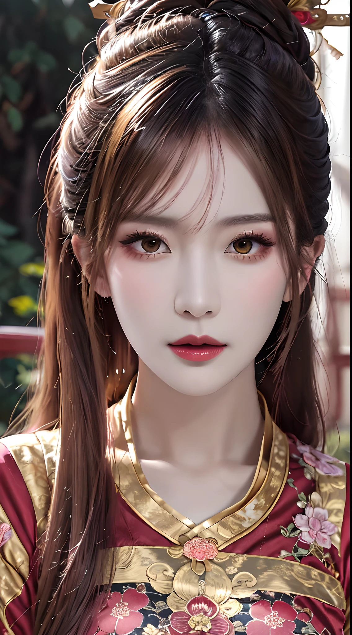 Woman wearing red and gold dress, flower background, palace, hanfu girl, wearing red cheongsam, chinese style, with ancient chinese costume, wearing ancient chinese costume, traditional beauty, Chinese Traditional, chinese girl, cheongsam, chinese costume, chinese princess, hanfu, chinese traditional clothing, chinese costume, 1 27-year-old girl, 1 zodiac goddess from the future, goddess of the pink and purple 12 zodiacs, the goddess of the zodiac in a yellow ao dai, a 12 zodiac ao dai with many black lace detail, mythology Goddess of the 12 zodiacs from the future, zodiac ♏, luxurious glittering zodiac style, dark and mysterious version, zodiac crown, lipstick lips red, thin and beautiful lips, mouth closed, characters made by karol bak and pino daeni, intricate detail, detailed background, extremely detailed, light magic, a woman, clear face, hair long with bangs, beautiful face in detail and well-proportioned eyes, (transparent yellow eyes: 1.8), big round eyes and very beautiful and detailed makeup, foresight, silk dress, mysterious makeup , double bangs and dyed light blonde , upper half portrait, zodiac goddess portrait, arms hanging loosely, Realistic and vivid photo, (stars make up the zodiac: 1.7), (sky background zodiac and fictitious space and time portal: 1.8), fiction art, RAW photo, hanfu picture, best photo, best photo quality, 8k quality, 8k ultra, super realistic, real photo most economical, the goddess poses sexy and seductive,