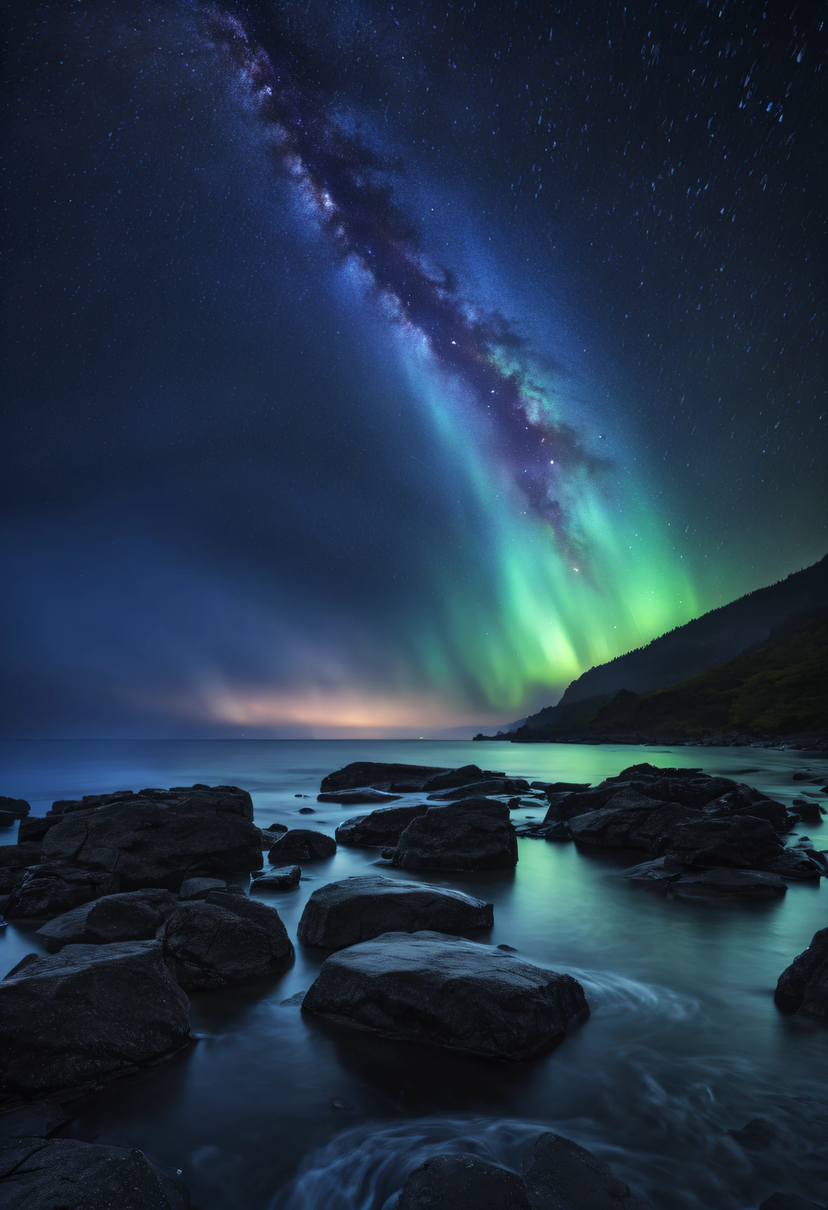 Water, Sea, dark sky, Rain, Stars, starfall, Galaxy,Aurora、shooting stars