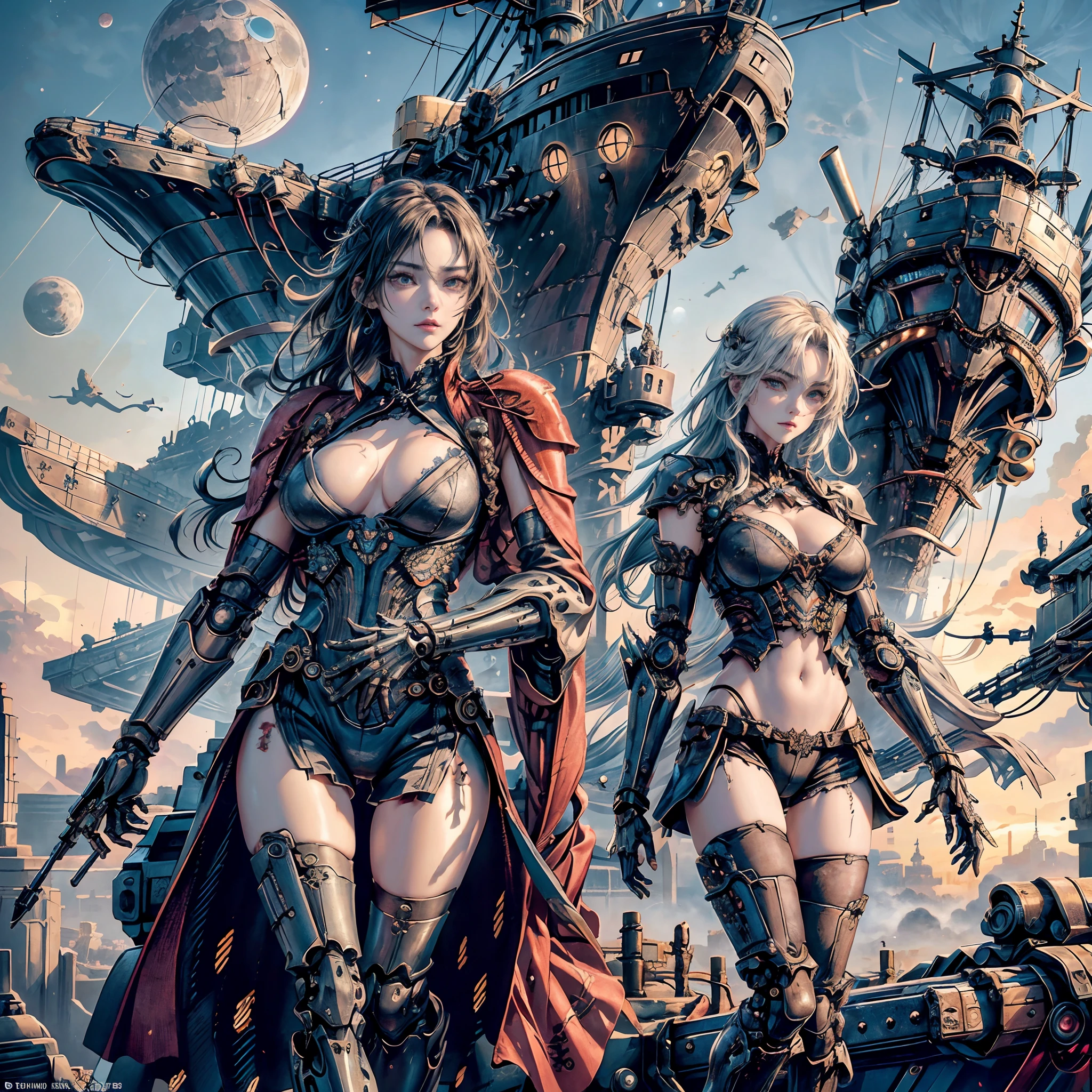 Cinematic lighting,super detailed skin、Beautiful detailed eyes、Best Quality,cyberpunked,(Alternative、dim colors, Soothing tones:1.3),(Ship and One Girl:1.5)、NSFW(1beautiful woman、Detailed beautiful facial features:1.3)(Leathery kimono、well-shaped 、Arms and legs are mechanical、Ripped clothes:1.5).(Mechanical ship、Noah's Ark、In the sky:1.4)(There is a girl ahead、Holding a machine gun in your hand:1.4)(pov from down:1.8)Predawn sky、Destroyed city、(Mechanical Moon:1.2)