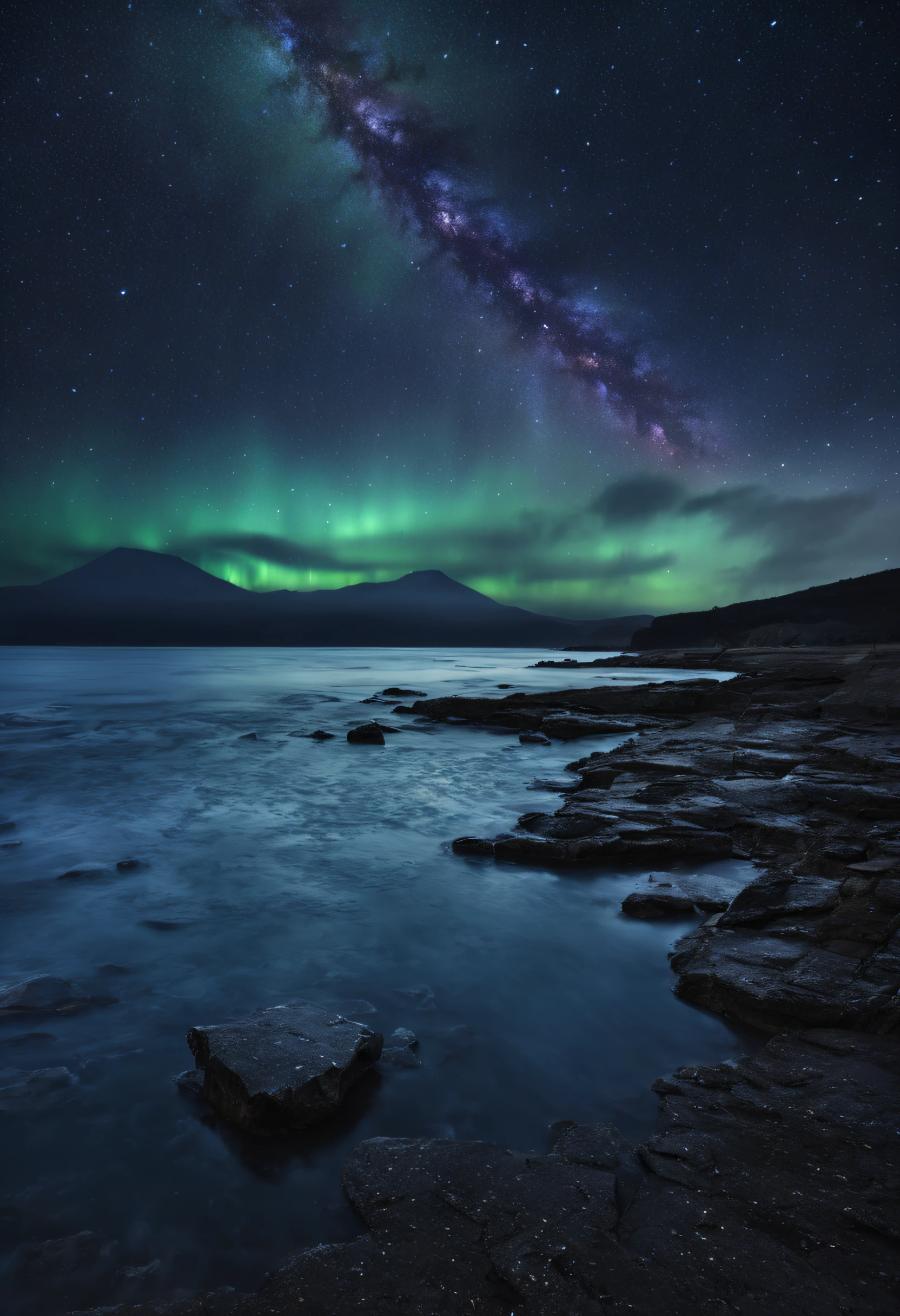 Water, Sea, dark sky, Rain, Stars, starfall, Galaxy,Aurora、shooting stars