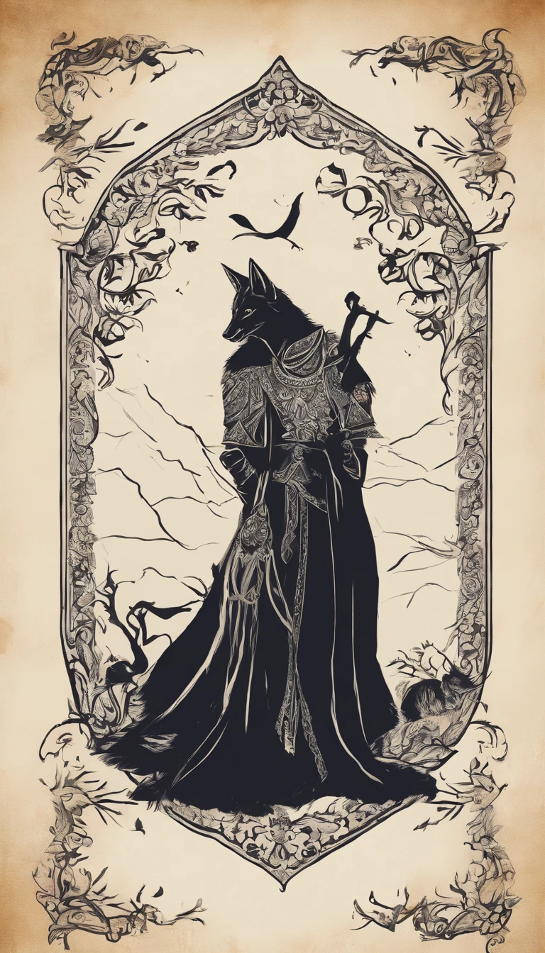 (Silhouette art,) (((arte em papel cortado,A world where only black exists:1.3),European Middle Ages,fantasy,adventuring,tarot cards, A fox with a bag on his back,The keen gaze reveals intelligence and decisiveness。
