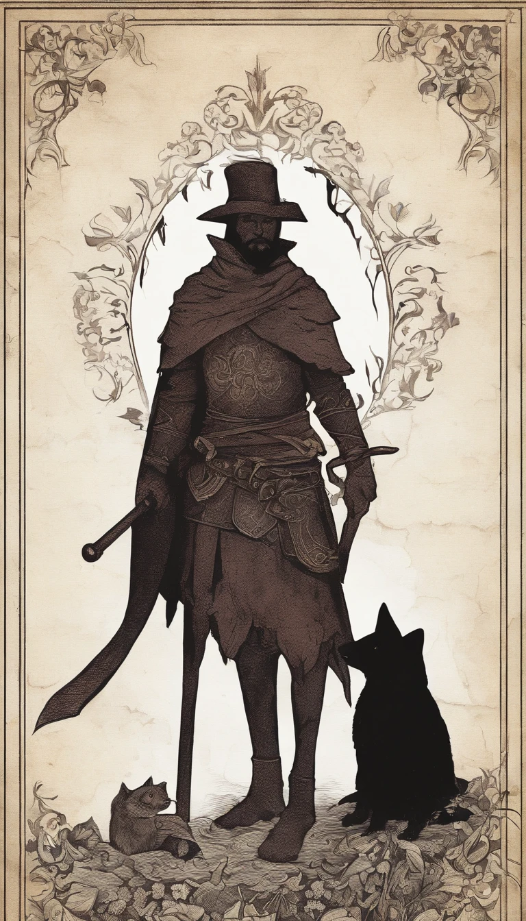 (Silhouette art,) (((arte em papel cortado,A world where only black exists:1.3)，European Middle Ages，fantasy，adventuring，tarot cards， A fox with a bag on his back，The keen gaze reveals intelligence and decisiveness。