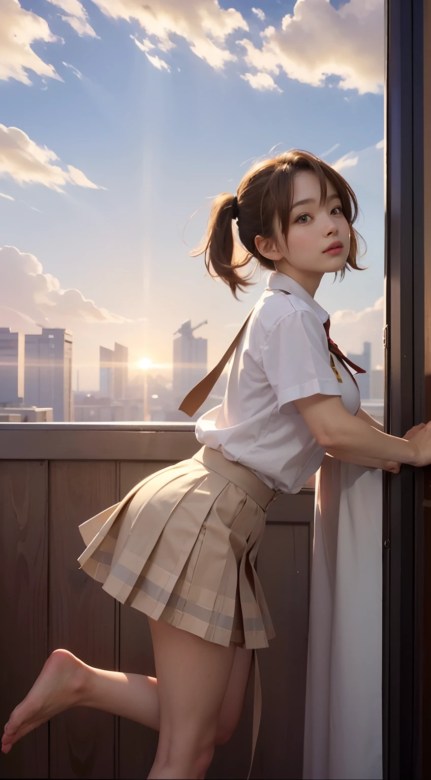 top-quality, masutepiece, High Definition, 16k image, Beautiful High School Girl, ((red blush)), ((Opening legs)), (Medium bob hair), Beautiful light brown hair, beautiful light brown eyes, (plump big breasts), High School Uniform, Constricted waist, White blouse with short sleeves, Pleated skirt , Quiet rooftop of the school, A gentle breeze blows through、The sun shines gracefully in the western sky. Capture this moment when an elegantly dressed schoolgirl in uniform gently tousles her hair in the wind, bathed in the warm hues of the setting sun. Skyscrapers of the city create a beautiful silhouette in the background, While orange clouds stretch across the sky. Convey the serenity and beauty of this fleeting moment.