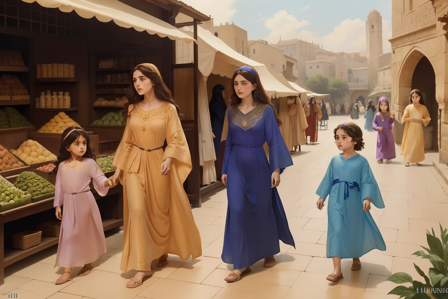 Year: 11th century. Location: Ispahan. Pre-raphaelite scene, 23-year-old, ((two jewish women)) with veils, and two (little (boys)), strolling in the ((market)), errands, ((((11th century plain caftan)))) ((11th century jewish hairstyle)), (((cinematic style)))