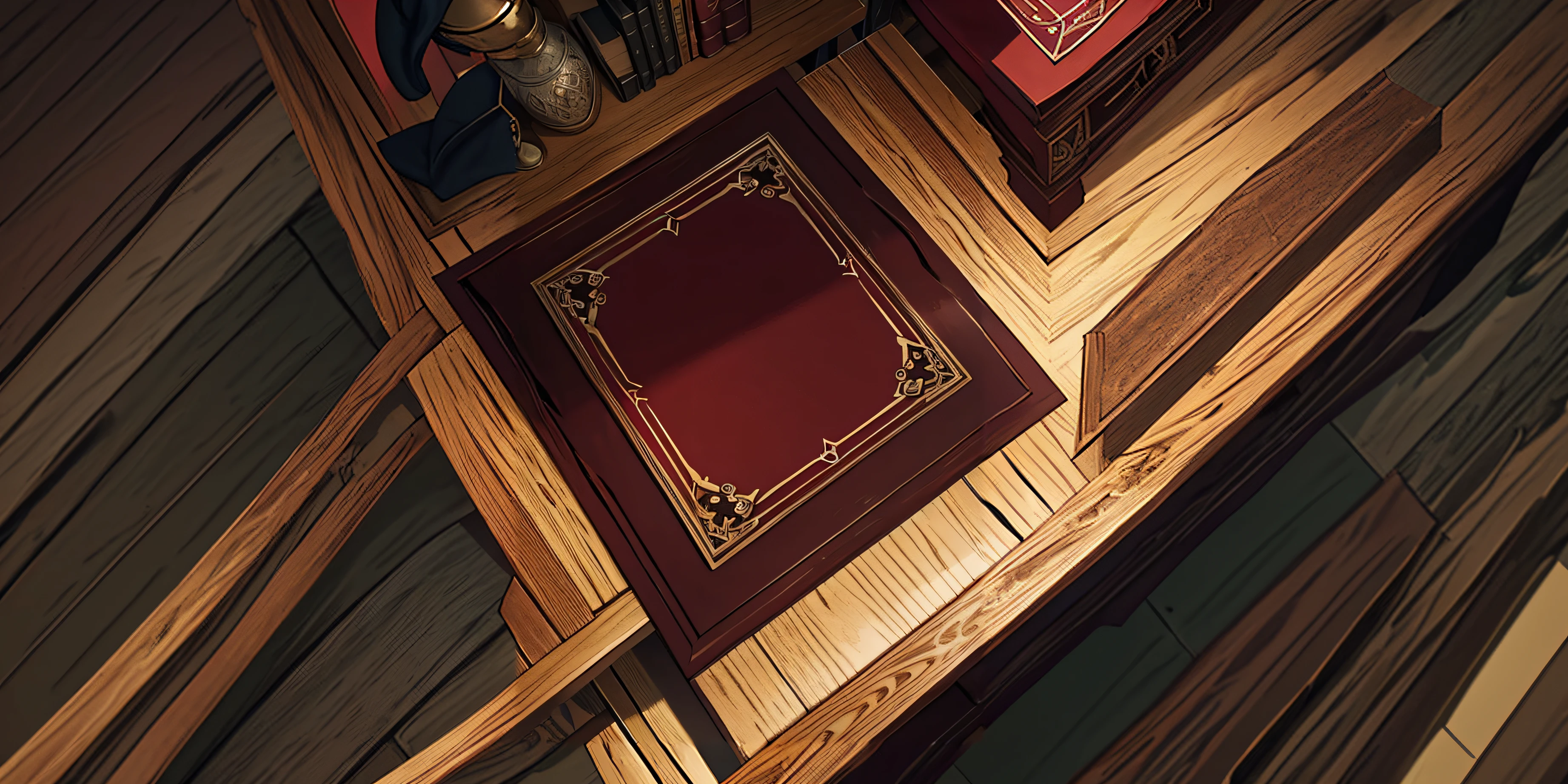 burgundy color book on wooden table medieval theme top view