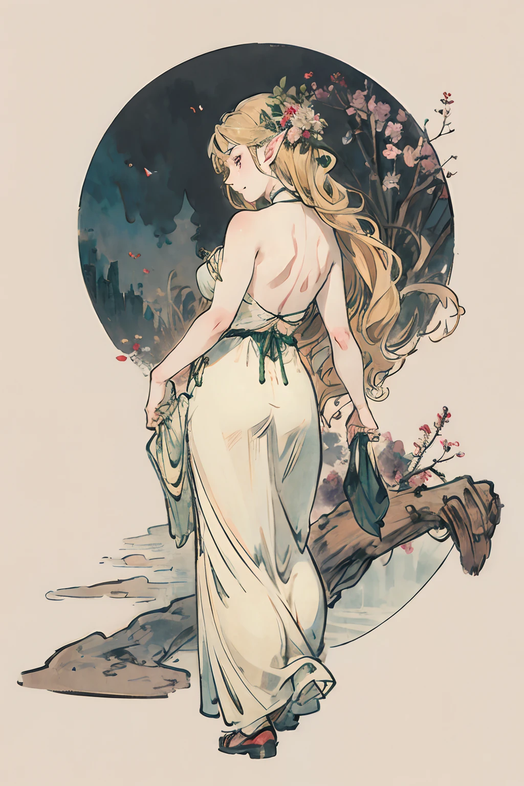 SFW,masutepiece, Best Quality, High resolution, 1girl in, Full body, Details Girl, detail hands, Detail fingers, Detail Face, detail legs, 1girl in, elf, Looking down, Flower Garden, Black sky, smog, watercolor paiting, pale skin, Petite, Blonde hair, Long hair, Wavy Hair, saddened, mournful smile, Green eyes, tareme, medium breasts, white sundress, Bare back, girl is praying