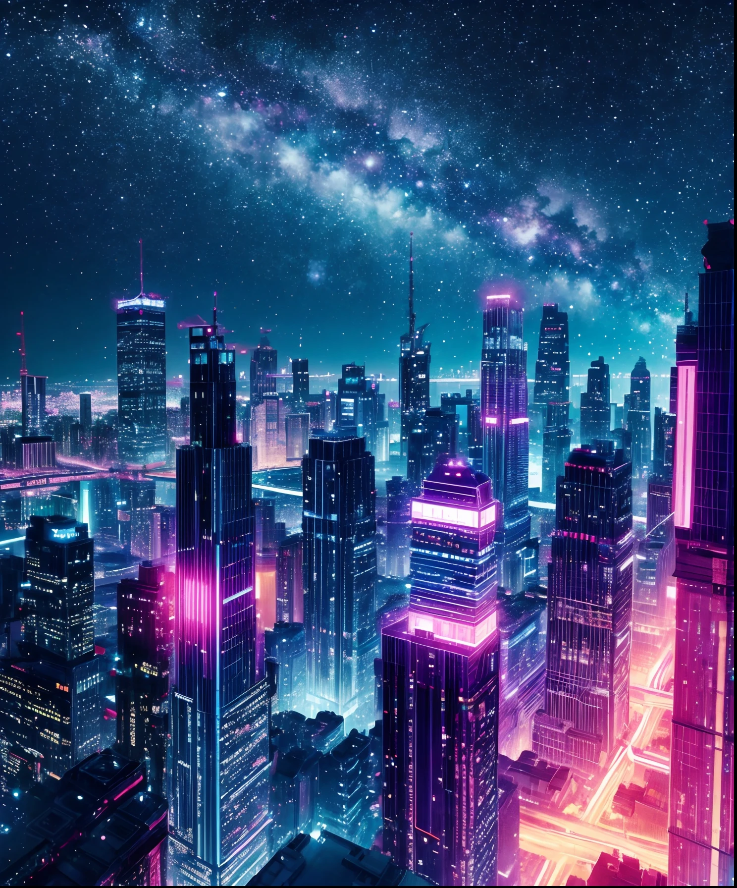 Sheet music plays、Colorful sheet music plays、Cute girl characters、 Night view from a high place、Drawing a large number of skyscrapers, Looking up at the starry sky. Surround her with colorful nebulae and colorful metropolis.