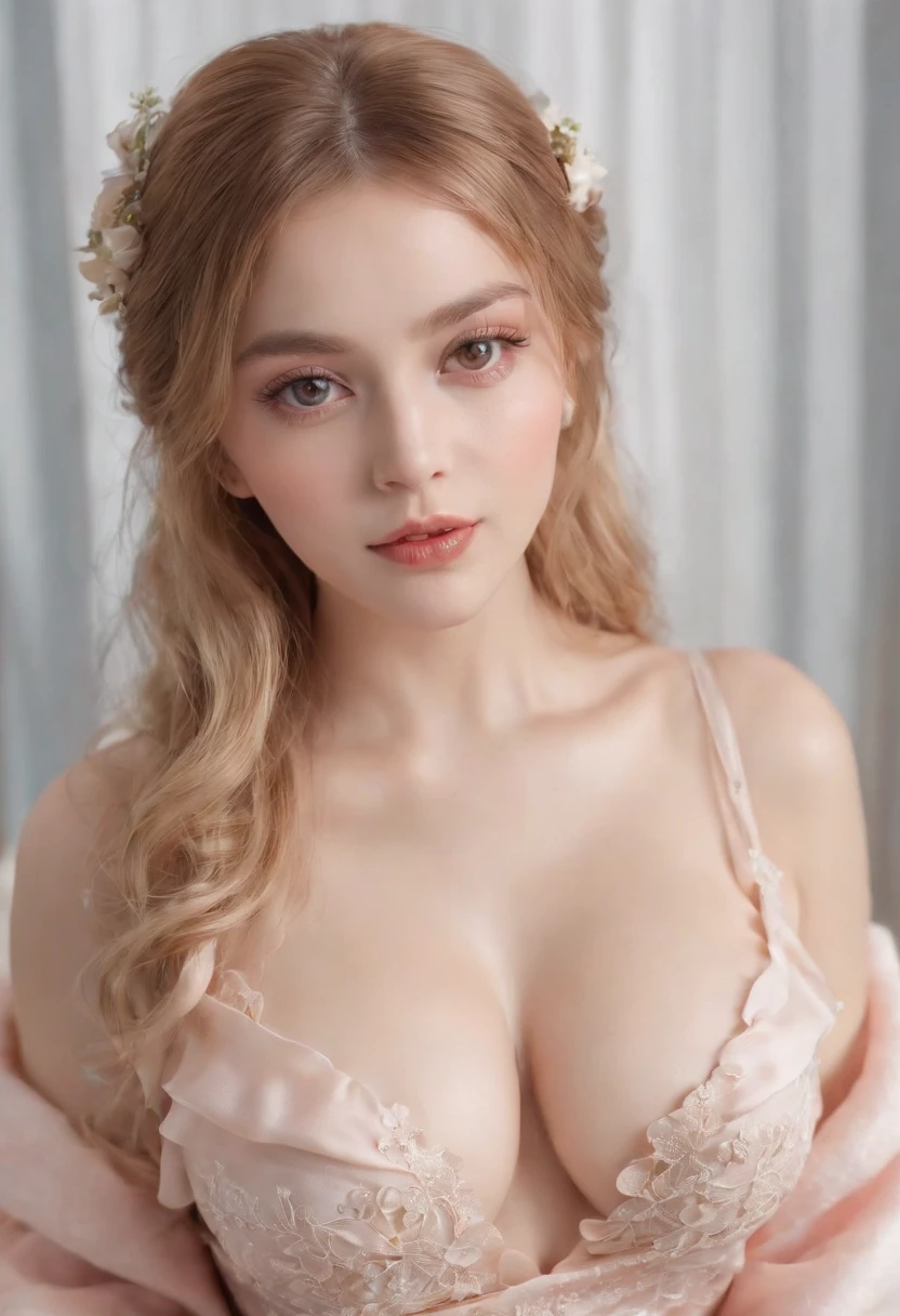 from above view, ((best quality)), (A detailed) from above view, ((best quality)), (A detailed) 1girll, Busty Nordic beautiful girl、Has bright blonde hair、Often has big sparkling red eyes。 Her face is、Soft and rounded、Plump cheeks are characteristic。 Her skin is、Transparent、Healthy and、Often has pink cheeks。 ella、Often wear colorful dresses or dresses with ruffles.、Wearing ribbons and floral ornaments。 ella、Often Naughty and Erotic、Gives an Erotic and Sensual impression。,( Large breasts, Huge breasts, gigant breasts, A large breast:1.2)、naked bathrobe
