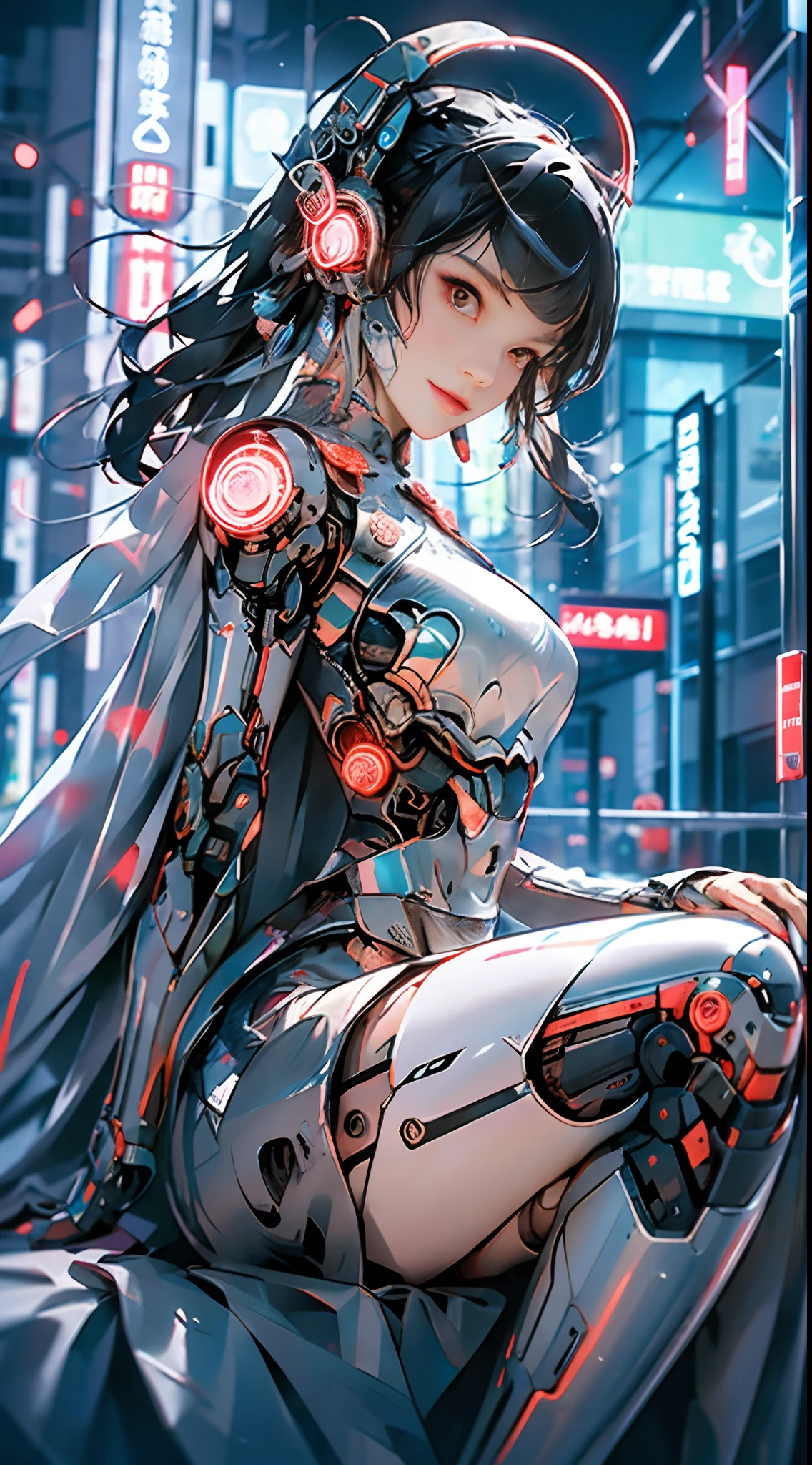 1 girl, Chinese_clothes, metallic black titanium and pink, cyberhan, cheongsam, cyberpunk city, dynamic pose, detailed luminescent headphones, luminous hair accessories, long hair, luminous earrings, glowing necklace, cyberpunk, high-tech city, full of mechanical and futuristic elements, futuristic, technology, glowing neon, pink, pink light, sexy skirt, translucent black cape, laser light, digital background urban sky, big moon, with vehicle, best quality, masterpiece, 8K, Character edge light, super high detail, high quality, the most beautiful woman in human beings, smile, face facing front and left and right symmetry, ear decoration, long antenna glow, beautiful pupils, light effects, visual data, silver-red-orange hair dyed hair, ultra-detailed face texture, happy, weapon system, crowded street passers-by, mecha style, overhead luminous antenna, back jet, girl sitting