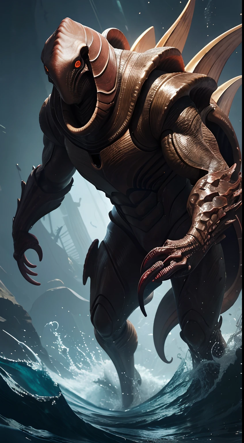 Sea creatures pounce,Part of the nautilus、Full body,Anthropomorphic nautilus、femele、Hard-shell、red eyes、cruel、Realistic Digital, Humanoid、Convoluted, epicd, Dramatic, masutepiece, high detailing, Best Quality, 超A high resolution、Horror movie lighting