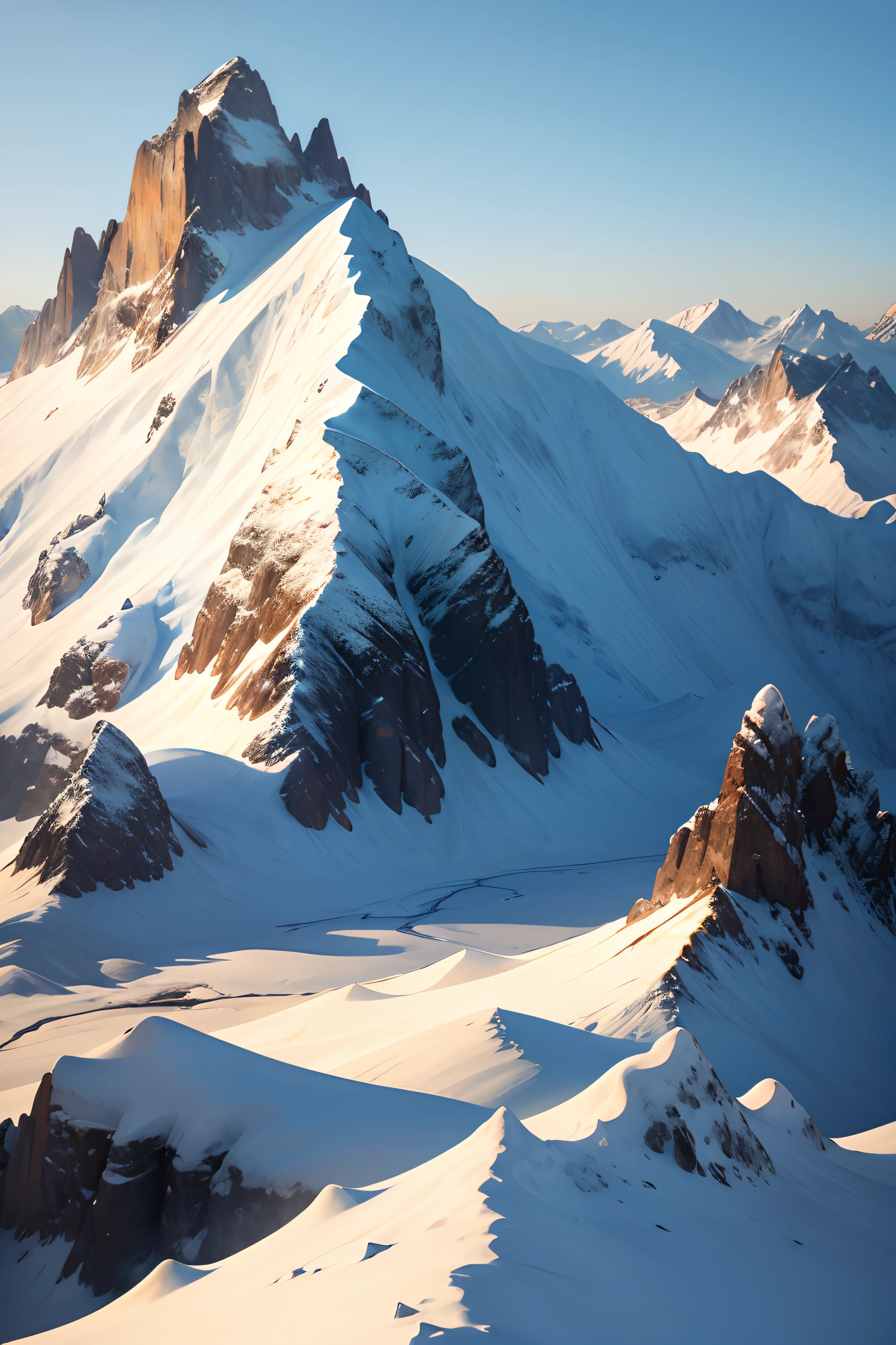 make a realistic, hd ,high quality photo of mountains with snow on it (patchy),sunshine (on some parts of the mountain)