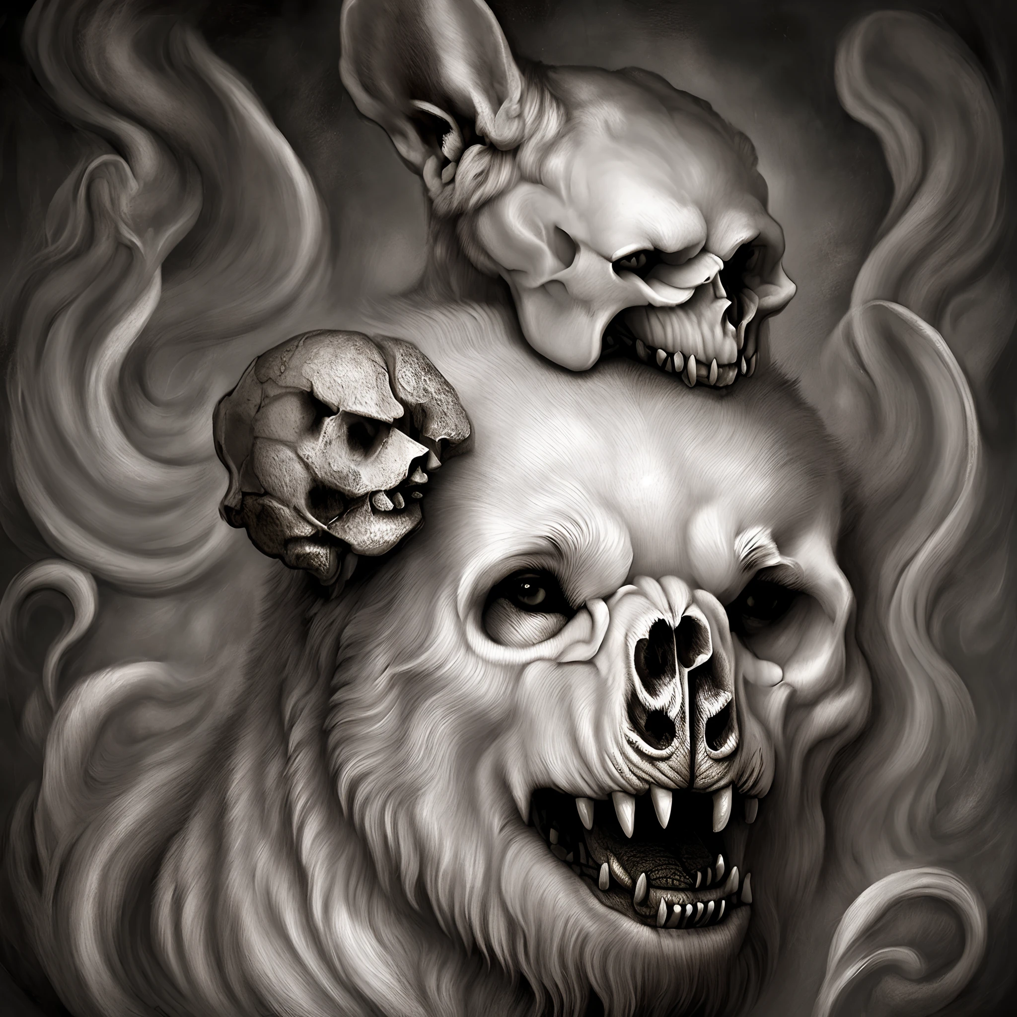 Desenho em preto e branco, From the mythological figure Cerberus (3-headed dog).
Imagem macabra e aterrorizante. A normal head, another decomposing head and the other skull head.