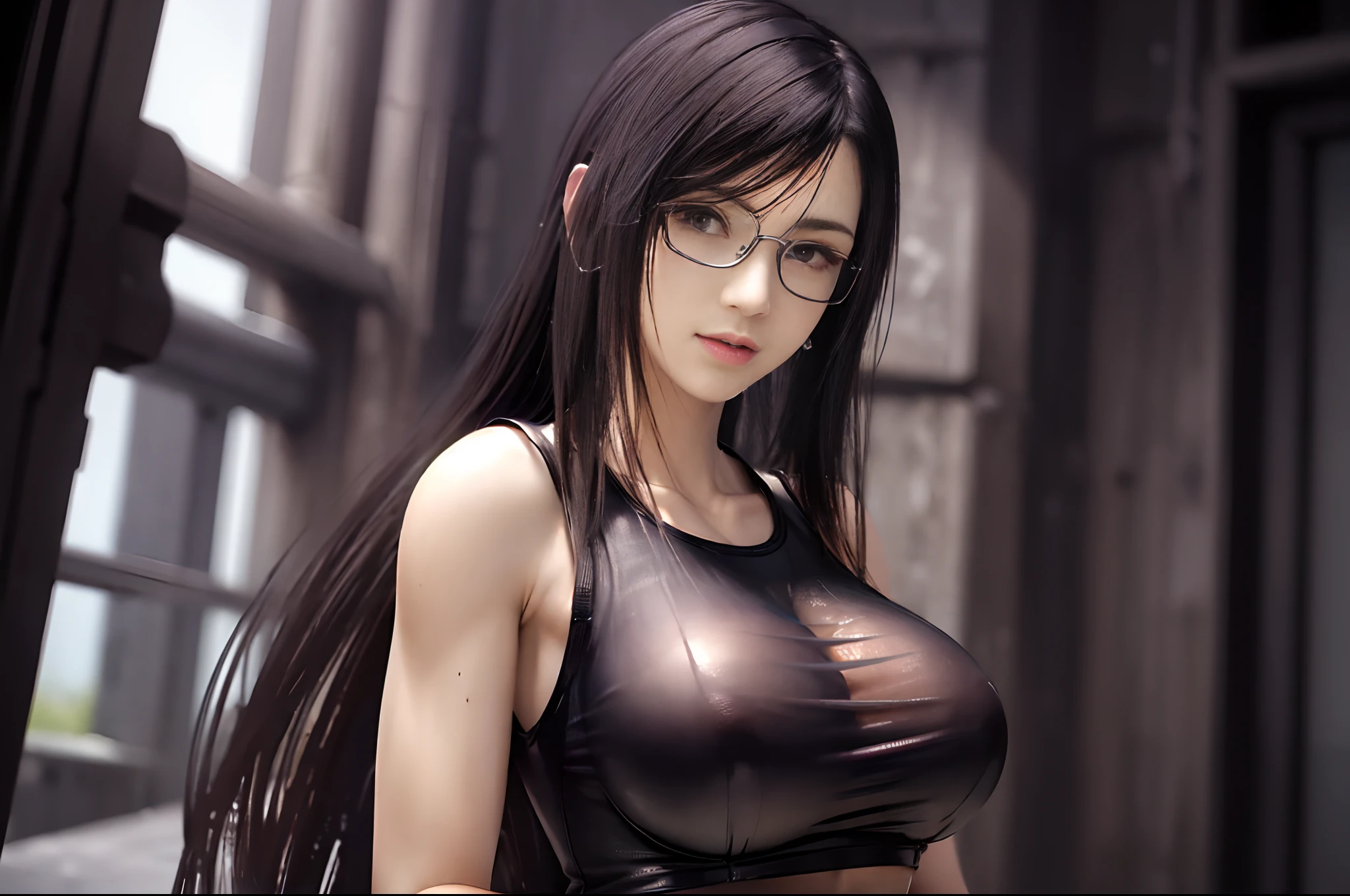 1girl in, Solo, Long hair, Colossal tits, Looking at Viewer, super detailed skin, Unity 8k壁纸, Realistic, Sexy High Quality, Ultra High Resolution, realisticeyes, perfect bodies, (Delicate hands), (Ultra detailed hands), (Perfect hands)、Detail Eye、erotick、Lustrous hair、(((Tifa_Eta,Tifa_outfit,Bursting breasts、Sheer clothing、Wet clothes、Luster)))、((seducting smile))