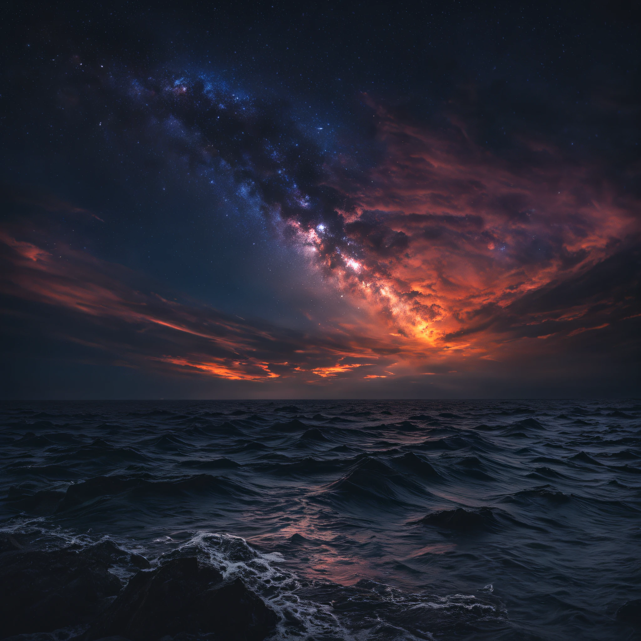 Water, Sea, dark sky, sunsets, Galaxy