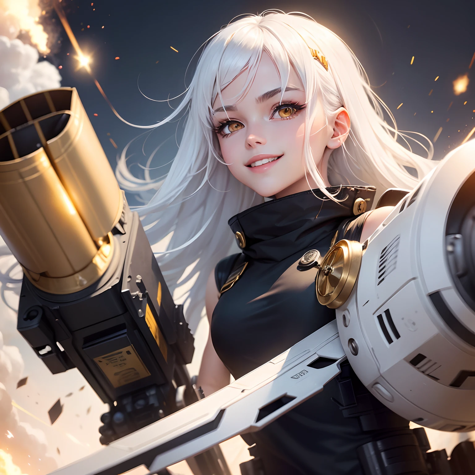 best quality, white hair, gold eyes, black clothes, looking up, upper body, hair strand, Fair skin, smiling, rocket launcher