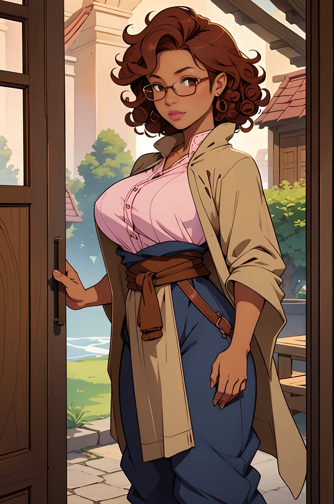 Solo, female, standing, looking at viewer, (((tan skin))), fantasy village, linen tunic, indigo cloak, pants, (mahogany hair, curly hair, medium hair), glasses, big breasts, pink lipstick