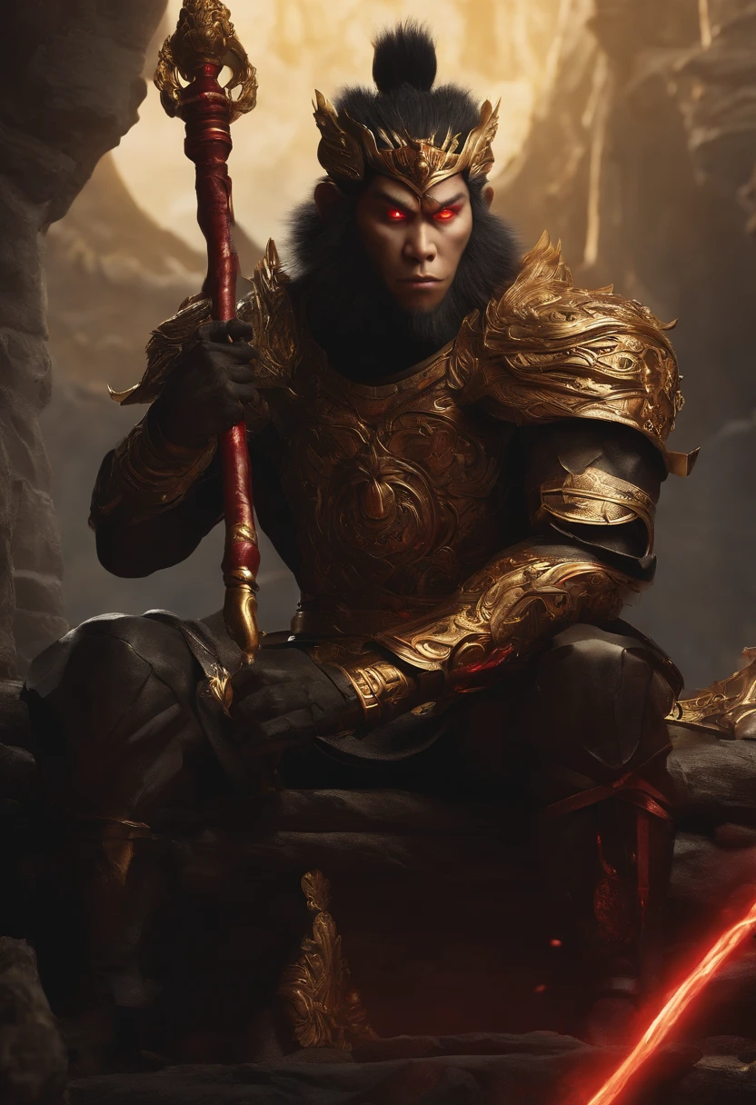 sun wukong sitting on a devastated lathe, villainous, with an evil look, holding a golden staff, wearing obsidian armor, red eyes, lots of black hair