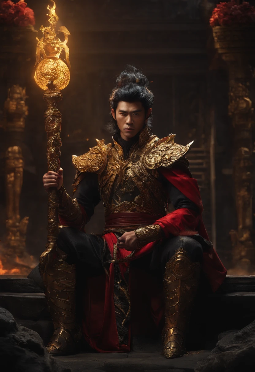 sun wukong sitting on a devastated lathe, villainous, with an evil look, holding a golden staff, wearing obsidian armor, red eyes, lots of black hair