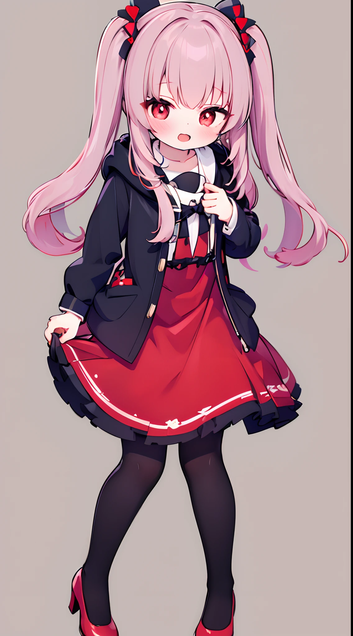 1girll, Solo, brunette color hair, Red eyes, Long hair, dual horsetail,shirt, Open mouth, Smile, red colour,Wear a red Lolita dress。Red tight dress,Hood, Jacket, view the viewer, kazami yuuka, Long sleeves, bangs,shorter pants,black pantyhoses,Hand in pocket,high-heels,dynamicposes,leaning-forward,Full body photo