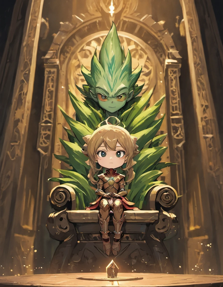 Por favor, create an enchanting and unique image that features a baby Groot character from the Guardians of the Galaxy sitting on the Iron Throne from Game of Thrones. The main focus of the image should be Groot's cuteness and expression as he occupies the iconic throne. Certifique-se de capturar os detalhes do Trono de Ferro, with its razor-sharp blades and intricate metal. We would like to see the merging between these two universes, with Groot being the main character in this Westeros setting. Use colors and details to make the image captivating and unforgettable.