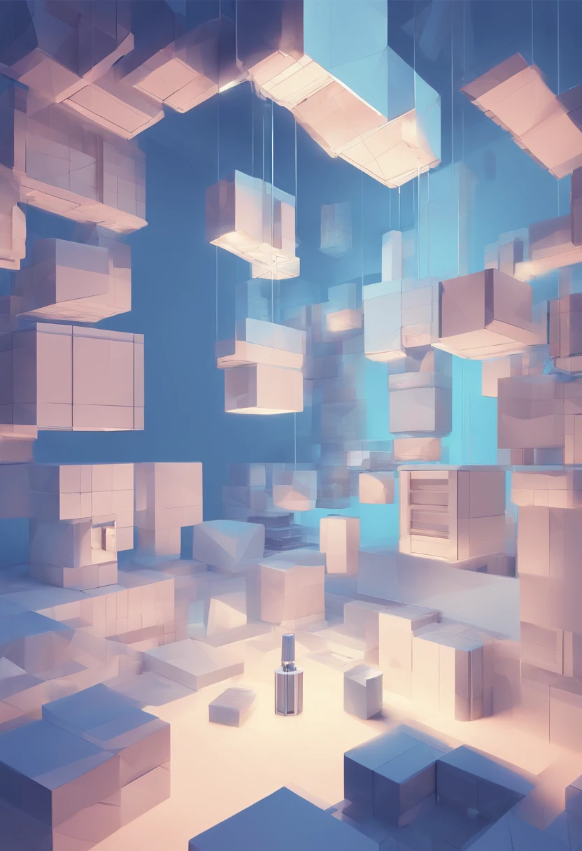 server, square blocks, wires, light bulbs, blue, blank wall, 3d graphics, centered object, isometry, 3d separate object, glossy lighting, horizontal placement