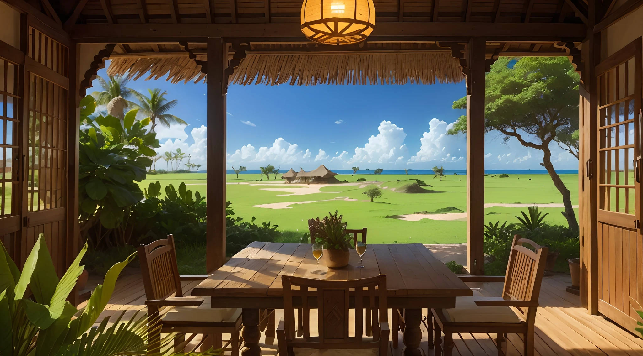 semi interior view of East Africa Tavern, indigenous architecture, either Kilwa or Mombasa or Malindi, Kilwa Sultanate, 15th century, medieval, East Africa element, grass roof, mixture of East Africa style and Kilwa style furniture, tranquility no people, no word, no wordings, no signature