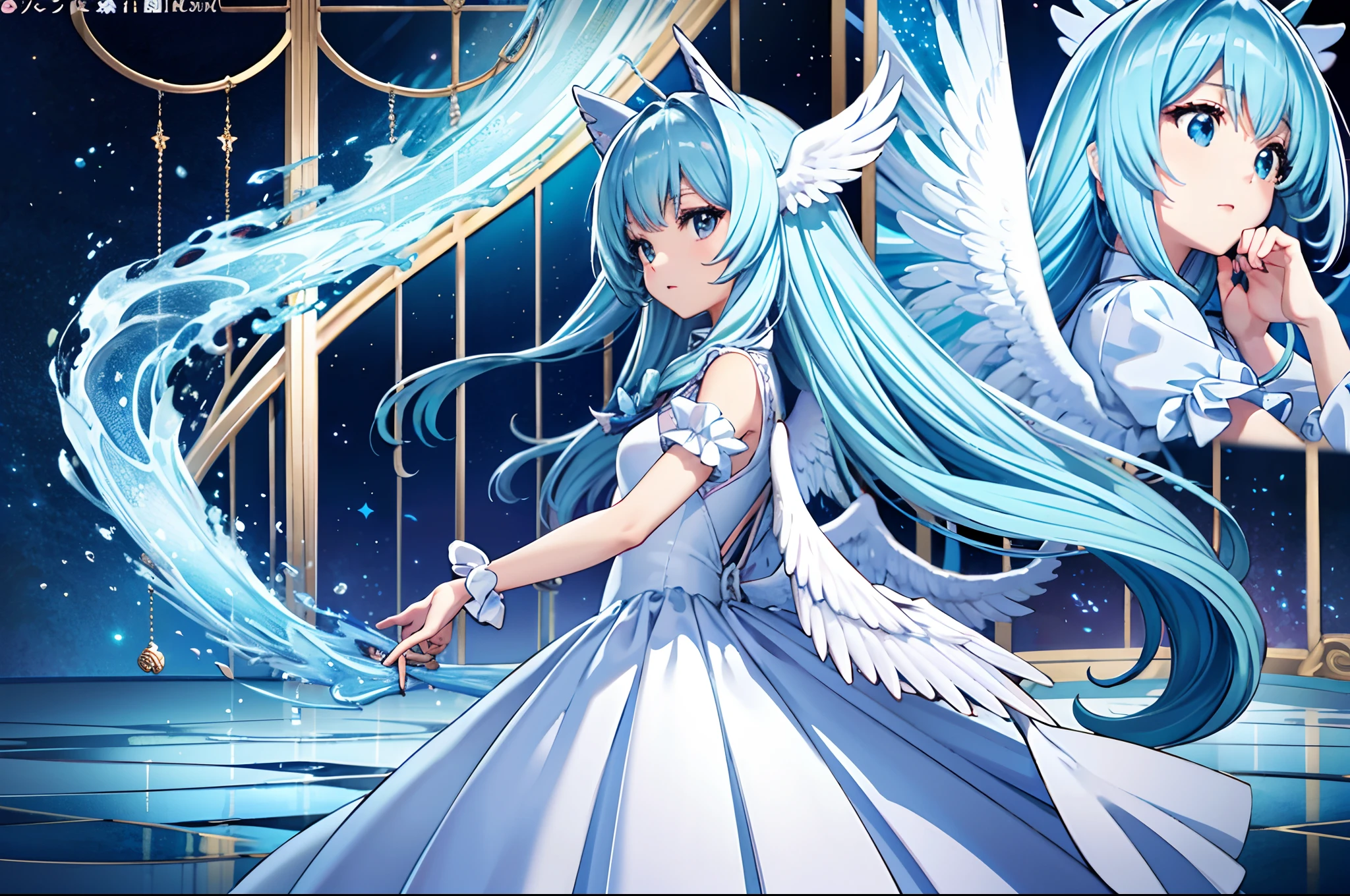 Angel wings shining in seven colors、Kawaii Girl、Light blue long hair、Twin-tailed、Colorful angel costume、((top-quality))、((masterpiece))、(ighly detailed、highestdetailed、Official art、Beautifully Aesthetic:1.2)