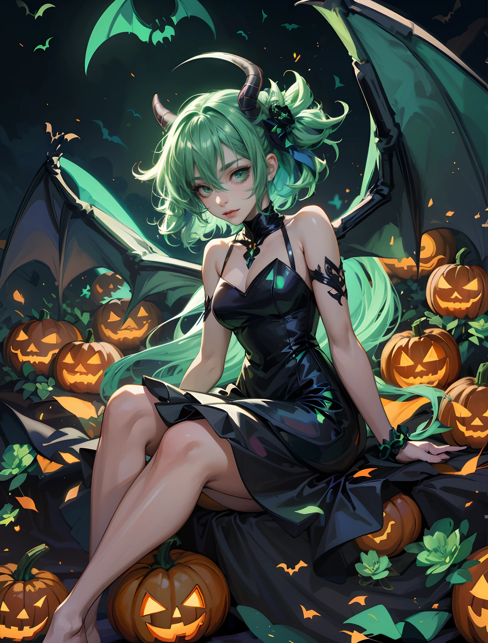 Demon anime girl, demonic wing, stylish sitting pose, bold look, glowing_holographic_green hair, hair blowing in air, , glow_in_the_dark, holographic, visibly flowers and halloween pumpkins flying around, stylish hair, black elegant and modern dress, dramatic light