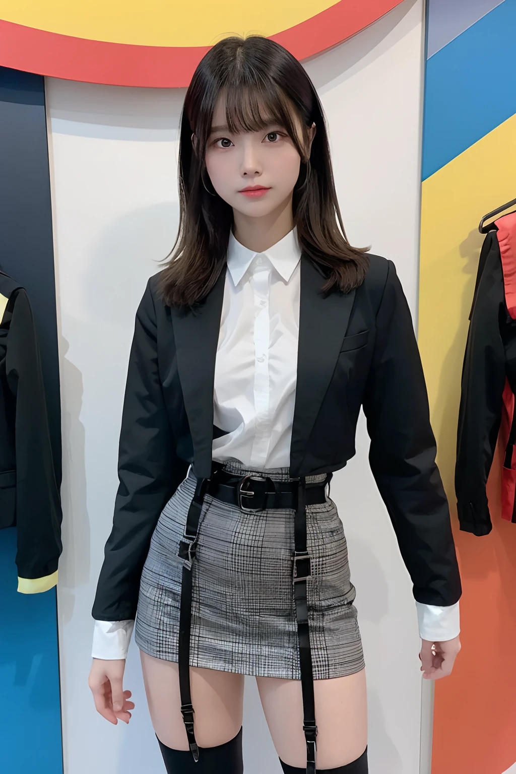 masterpiece、top-quality、The ultra -The high-definition、、colourfull、flat-colors、depth of fields、lens flare 1 girl、、A dark-haired、watching at viewers Suits Cutter shirt a belt suspenders working adults materia OL Black Suit Black jacket glares huge-breasted a miniskirt garterbelts knee high Stockings Black Niso