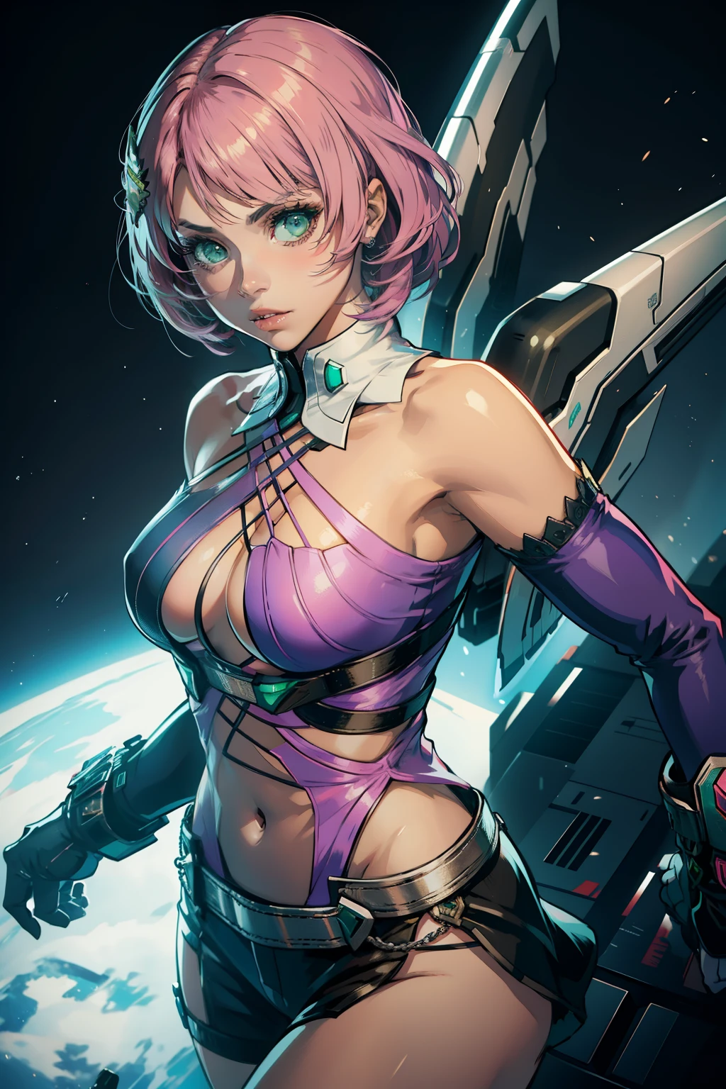 Alisa Rosto bonito, Symmetrical perfect green eyes, cabelo curto rosa multicor, mechanical wings, Tekken