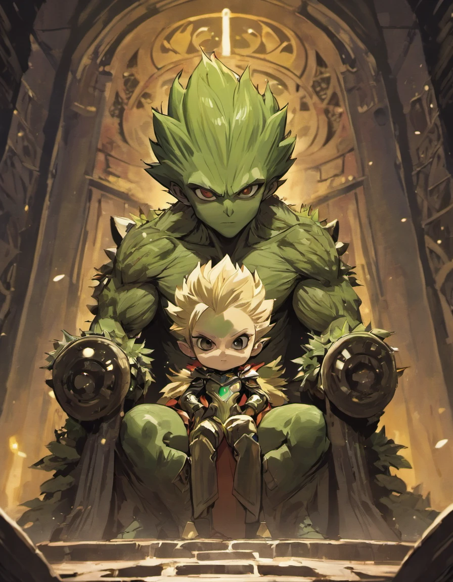 Por favor, create an enchanting and unique image that features a Groot character from the Guardians of the Galaxy sitting on the Iron Throne from Game of Thrones. The main focus of the image should be Groot's cuteness and expression as he occupies the iconic throne. Certifique-se de capturar os detalhes do Trono de Ferro, with its razor-sharp blades and intricate metal. We would like to see the merging between these two universes, with Groot being the main character in this Westeros setting. Use color and detail to make the image captivating and unforgettable.