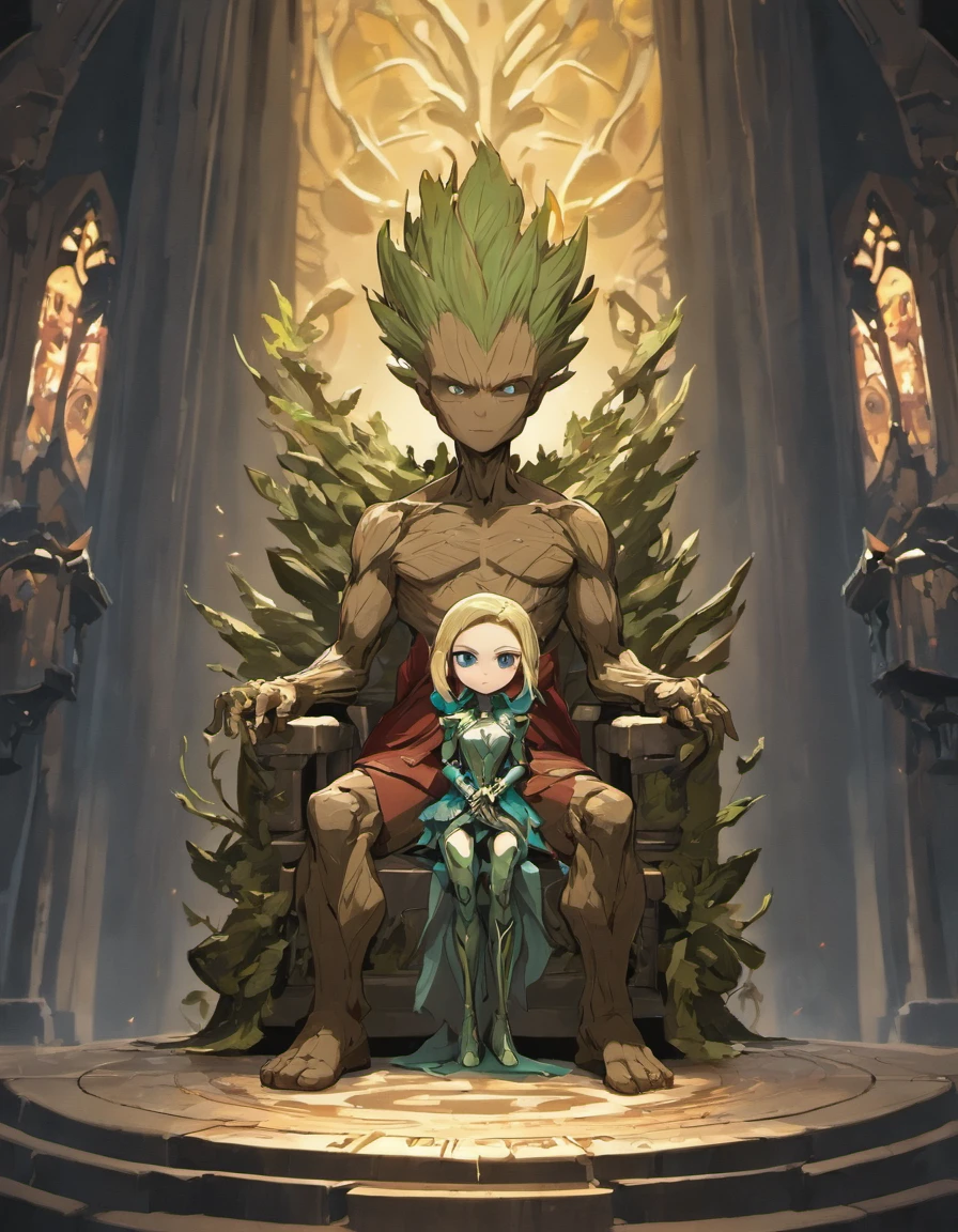 Por favor, create an enchanting and unique image that features a baby Groot character from the Guardians of the Galaxy sitting on the Iron Throne from Game of Thrones. The main focus of the image should be Groot's cuteness and expression as he occupies the iconic throne. Certifique-se de capturar os detalhes do Trono de Ferro, with its razor-sharp blades and intricate metal. We would like to see the merging between these two universes, with Groot being the main character in this Westeros setting. Use color and detail to make the image captivating and unforgettable.