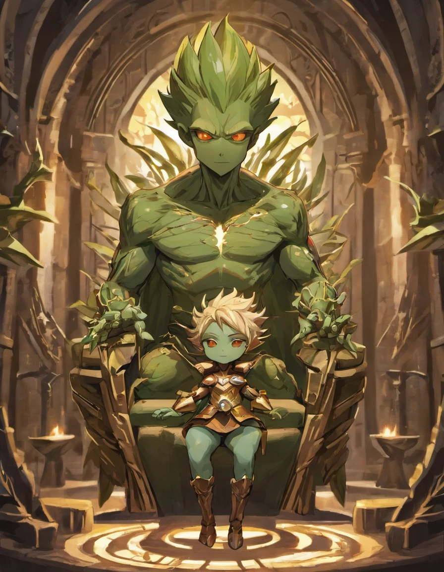 Por favor, create an enchanting and unique image that features a baby Groot character from the Guardians of the Galaxy sitting on the Iron Throne from Game of Thrones. The main focus of the image should be Groot's cuteness and expression as he occupies the iconic throne. Certifique-se de capturar os detalhes do Trono de Ferro, with its razor-sharp blades and intricate metal. We would like to see the merging between these two universes, with Groot being the main character in this Westeros setting. Use color and detail to make the image captivating and unforgettable.