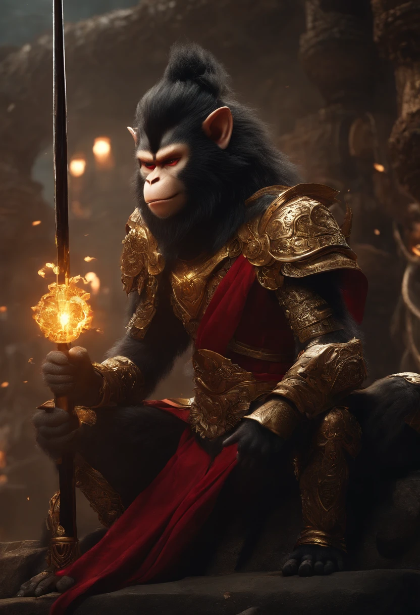 sun wukong sitting on a devastated lathe, villainous, with an evil look, holding a golden staff, wearing obsidian armor, red eyes, lots of black hair, with monkey tail