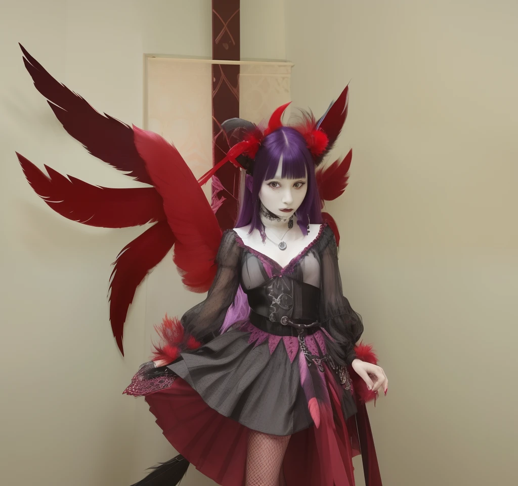 woman standing with purple hair and purple eyes, has three pairs of red feathers wing, has red with black line horns, wearing gothic style jester, red and black outfit, masquerade dress, using belt with skleton liontine, medium length hair, stoic expression, wears layered skirt, vertical stripped shirt, square dot pattern skirt, silver belt, red black grey outfit, skull belt atribute, jester goth, calm face, complicated outfit, three pairs of wings, red wings, feathers wings, asymetricall outfit, jester dress, gothic clown, ashymetric skirt, small breast, skinny, loose hair