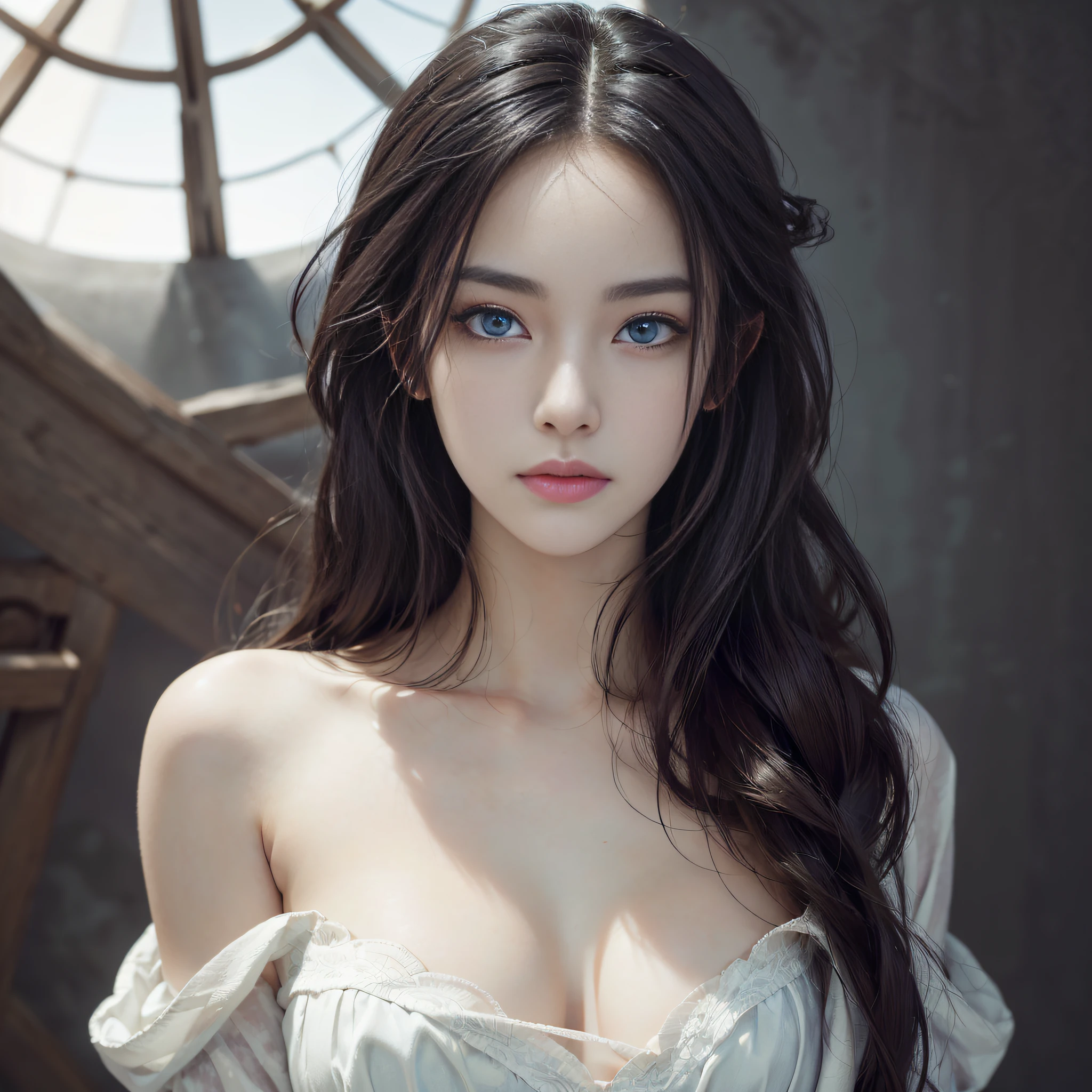 Best quality, masterpiece, ultra high res, (photorealistic:1.4), raw photo, 1girl, off shoulder dress, full body photo, cleavage, round breasts, crop top, abs, visible abs, ((beautiful eyes, perfect eyes, perfect iris)), human skin, realistic skin