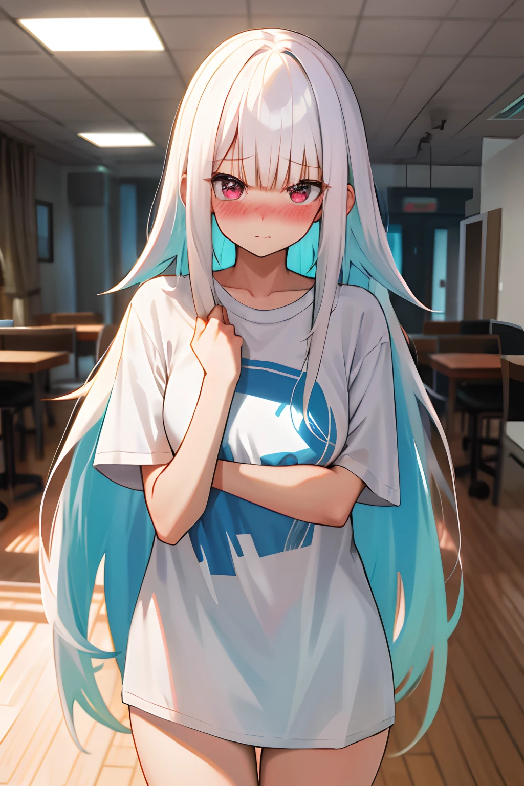 One girl with long hair, white hair, looking at viewer, embarrassed, blushing, indoor , oversized naked t shirt, black t shirt, tight