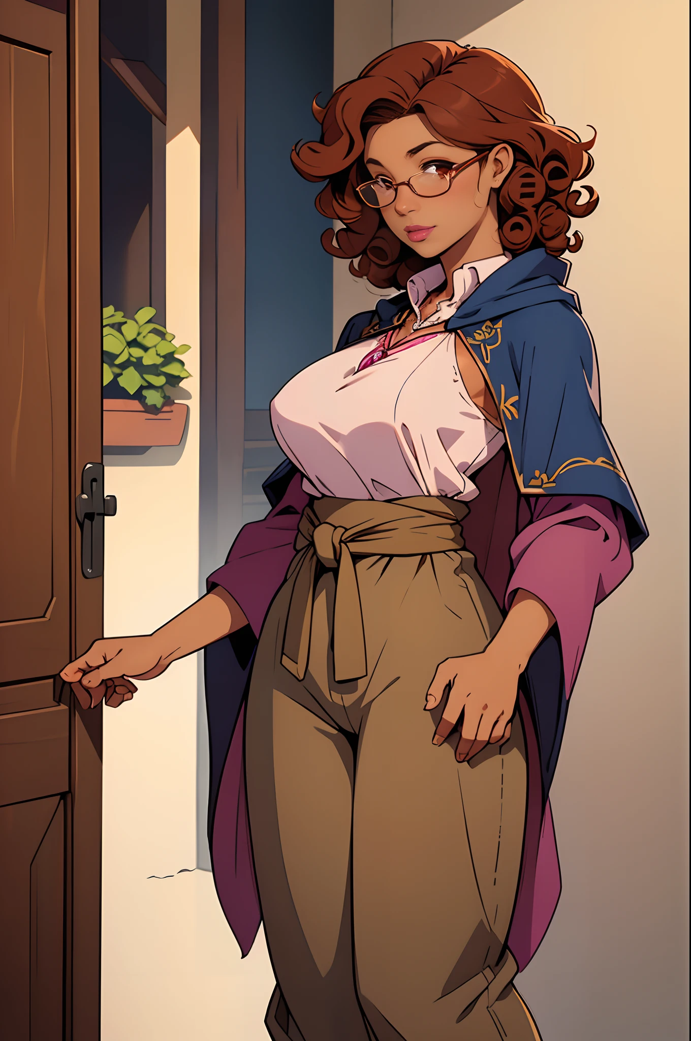 Solo, female, standing, looking at viewer, (((tan skin))), fantasy village, linen tunic, indigo cloak, pants, (mahogany hair, curly hair, medium hair), glasses, big breasts, pink lipstick
