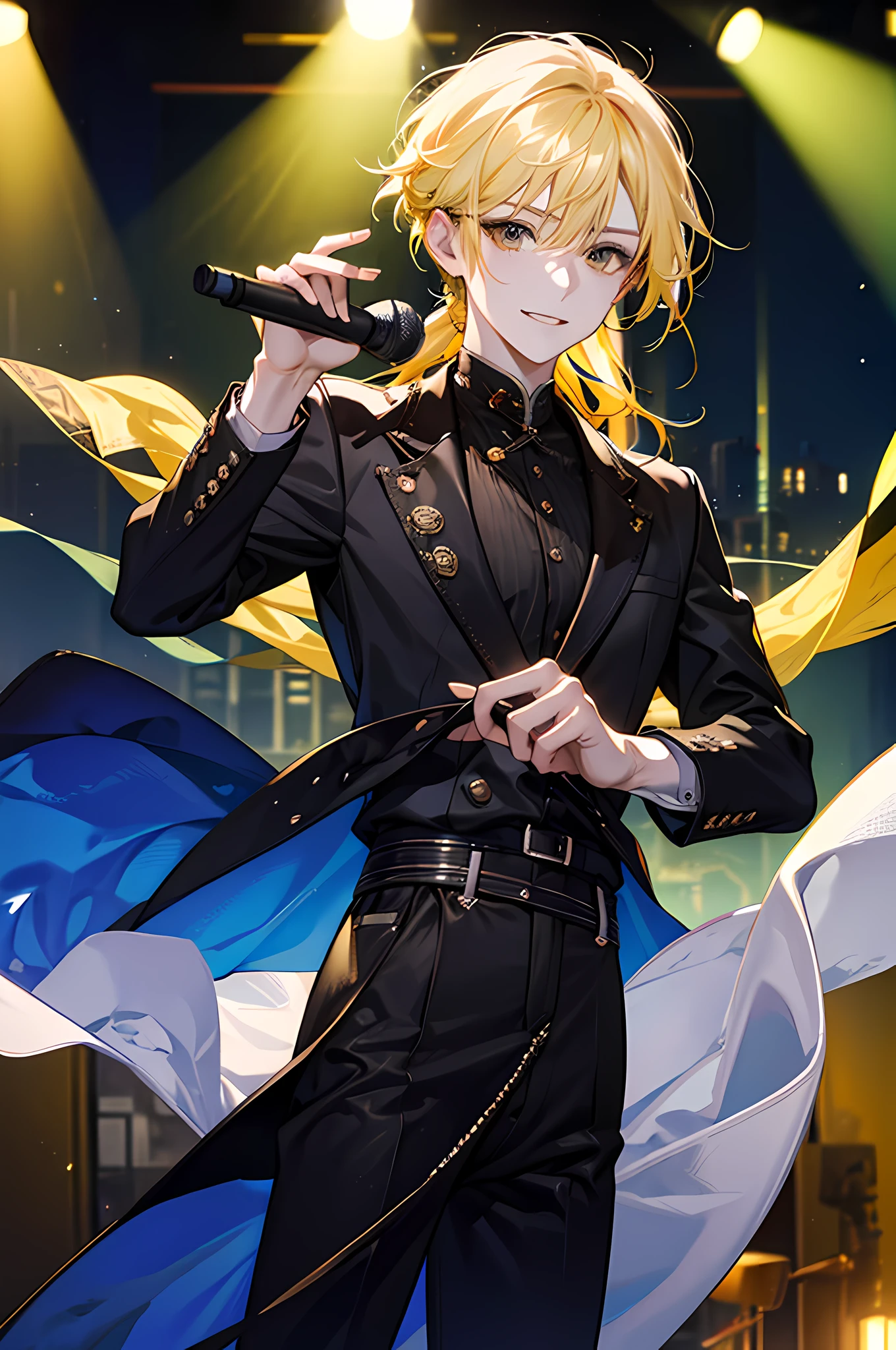 16k，male people，Yellow hair，black leather clothes，Spotlight stage background，Uranus superstar，holding microphone in hand，Handsome and handsome，A smile appeared at the corner of his mouth。