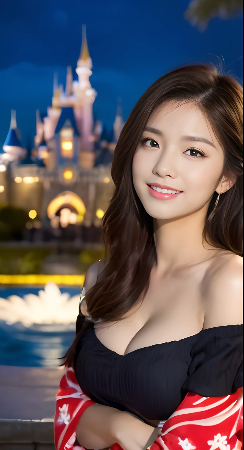 ((Night Scene, Realistic Light, Best Quality, 8k, Masterpiece: 1.3)), 1 Girl, Slim Body Beauty: 1.4, Brown Hair, (Big: 1.3), Off Shoulder Cut Top: 1.3, Ultra Detailed Face, Detailed Eyes, Double Eyelids, Disneyland, Fountain, Castle, Fireworks, Smile, Cleavage, Saggy