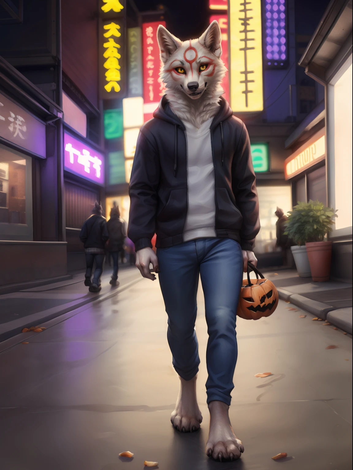 Amaterasu \(okami\), Man's, Solo, , Yellow eyes, black sclera, 4 toes, an legs, toenails, Feet, Clothed, Wearing a black hoodie, jeans, markings, White fur, Street, tokyo prefecture, neon
break,
by Lucis, by personalami, by Kenket, (Convoluted, high detailing, film photography, Soft Focus, RAW candid cinema,
Photorealism, Realistic, Photorealistic, analog style, Subsurface scattering,
masutepiece, Best Quality, A hyper-realistic, (8K)) Halloween theme