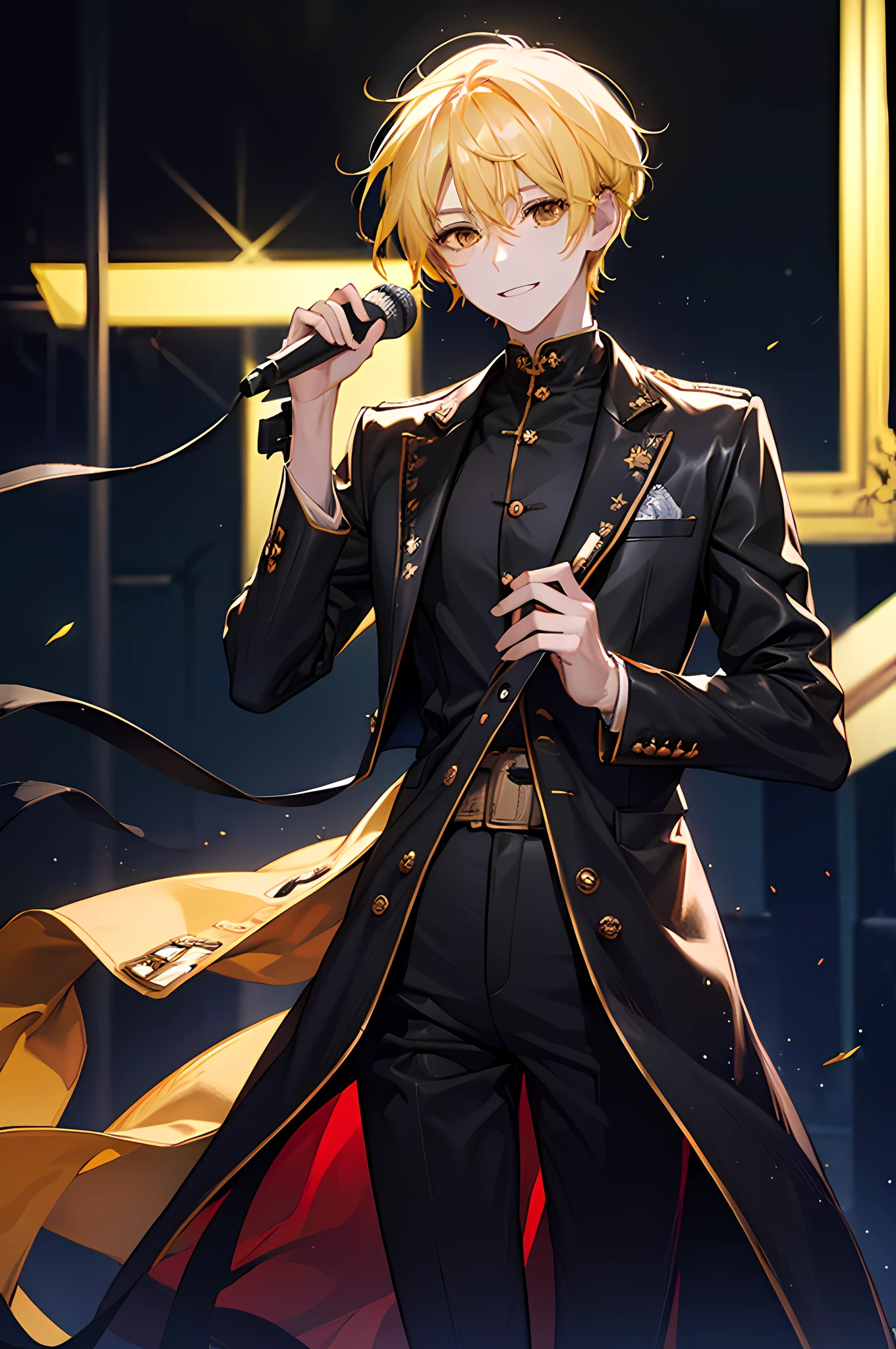 16k，male people，Yellow hair，black leather clothes，Spotlight stage background，holding microphone in hand，Handsome and handsome，There was a little smile on the corner of his mouth。