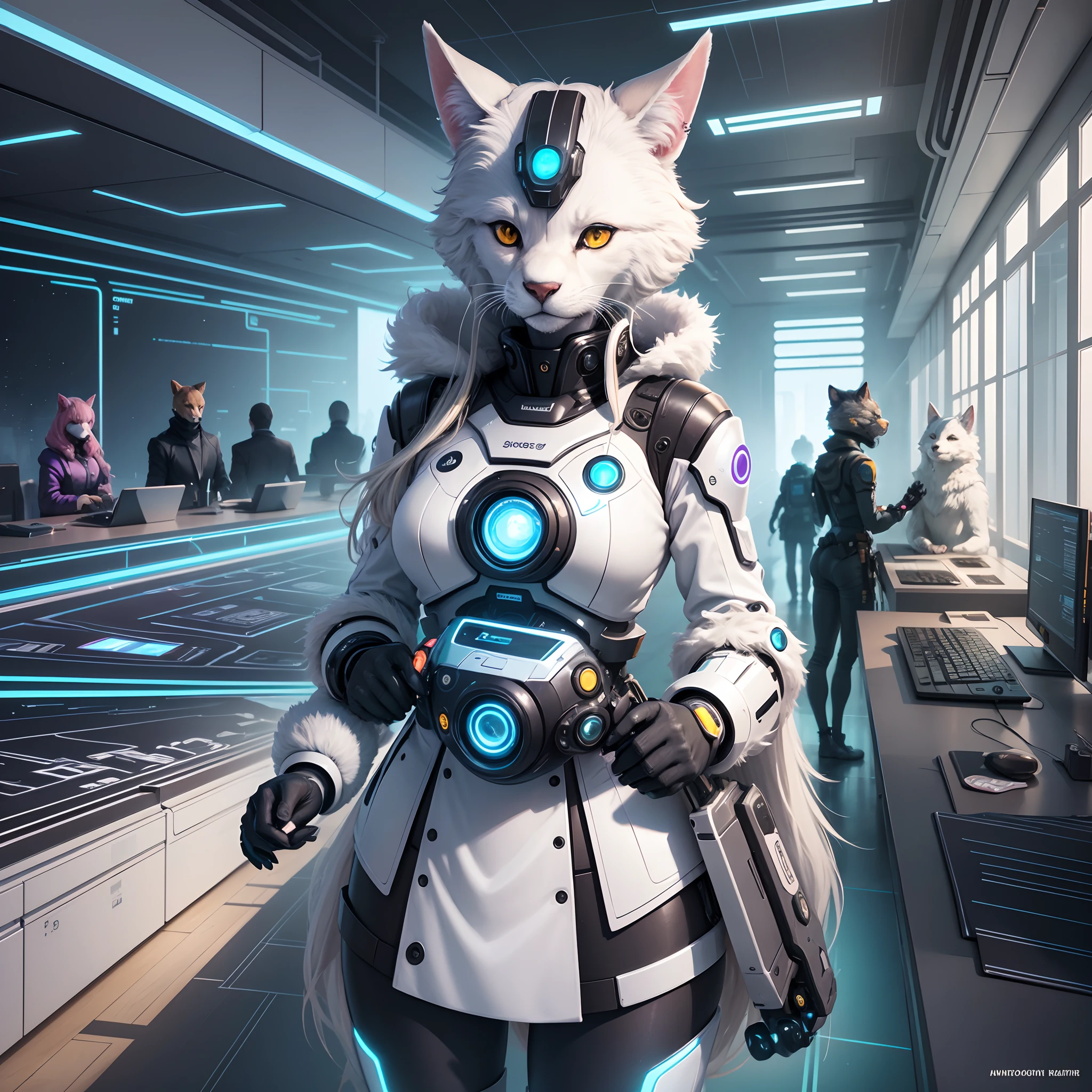 Create an illustration depicting a futuristic environment where humans, artificial intelligences, and furries coexist harmoniously. The scene should convey an atmosphere of cooperation, diversity, and inclusivity. Use vibrant colors and technological elements to represent the presence of AIs while incorporating characteristic furry elements such as anthropomorphic animal traits. Be creative and surprise me with your vision of this futuristic coexistence. --auto --s2