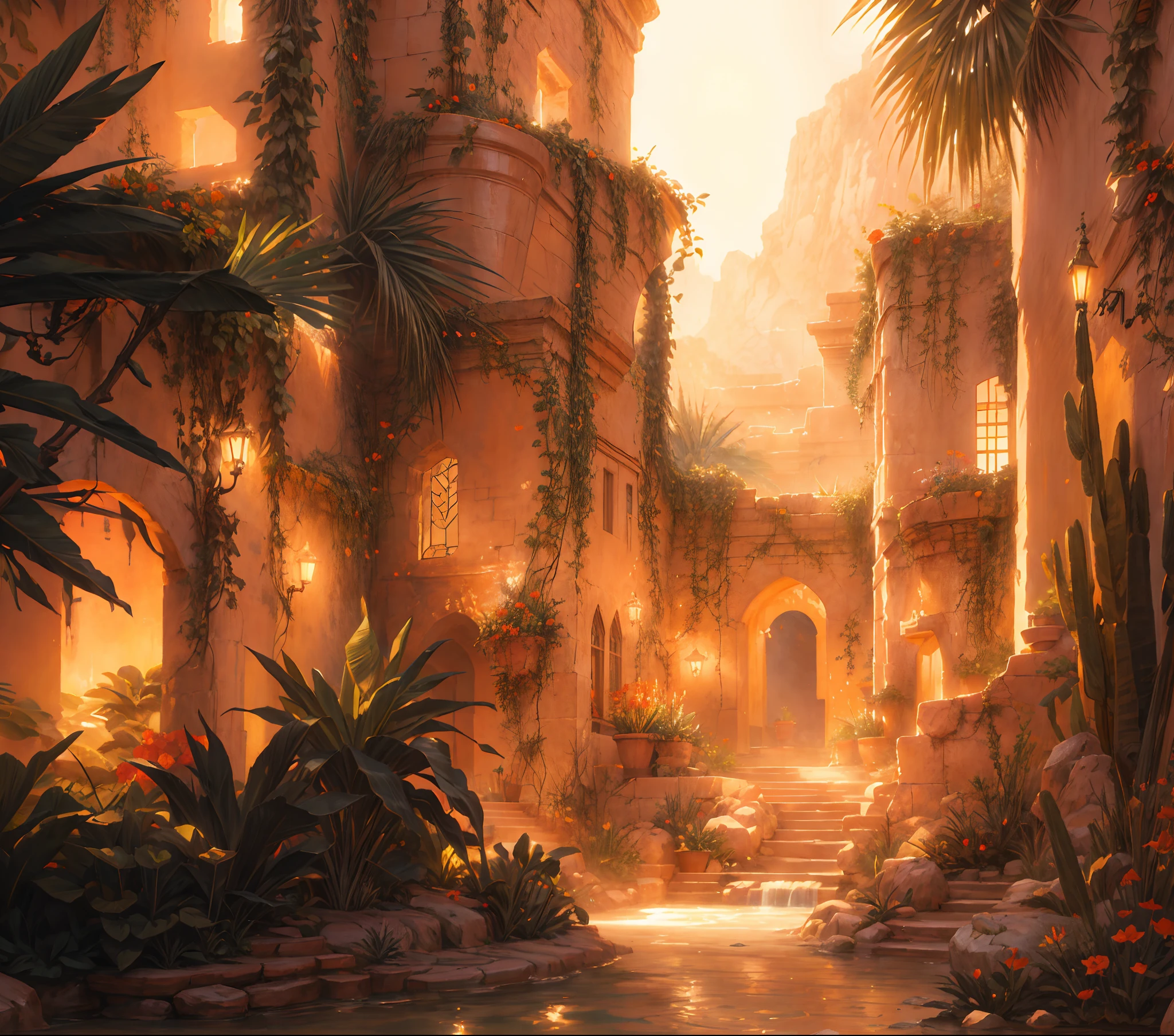 there is a picture of a courtyard with a fountain and plants, andreas rocha style, desert oasis, inspired by Andreas Rocha, oasis in the desert, relaxing concept art, background artwork, rossdraws global illumination, beautiful concept art, desert oasis background, environment design illustration, detailed digital concept art, digital painting concept art, lush oasis