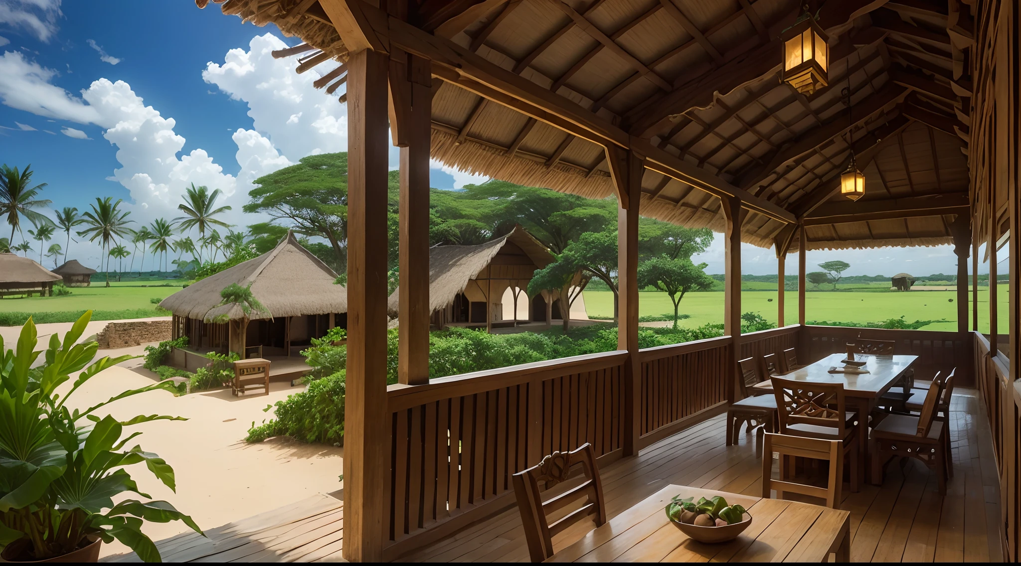 semi interior view of East Africa Tavern, indigenous architecture, either Kilwa or Mombasa or Malindi, Kilwa Sultanate, 15th century, medieval, East Africa element, grass roof, mixture of East Africa style and Kilwa style furniture, tranquility no people, no word, no wordings, no signature