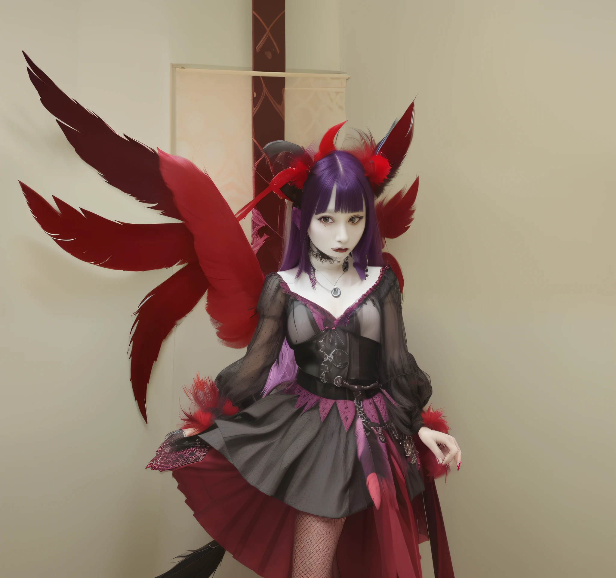 woman standing with purple hair and purple eyes, has three pairs of red feathers wing, has red with black line horns, wearing gothic style jester, red and black outfit, masquerade dress, using belt with skleton liontine, medium length hair, stoic expression, wears layered skirt, vertical stripped shirt, square dot pattern skirt, silver belt, red black grey outfit, skull belt atribute, jester goth, calm face, complicated outfit, three pairs of wings, red wings, feathers wings, asymetricall outfit, jester dress, gothic clown, ashymetric skirt, small breast, skinny, loose hair