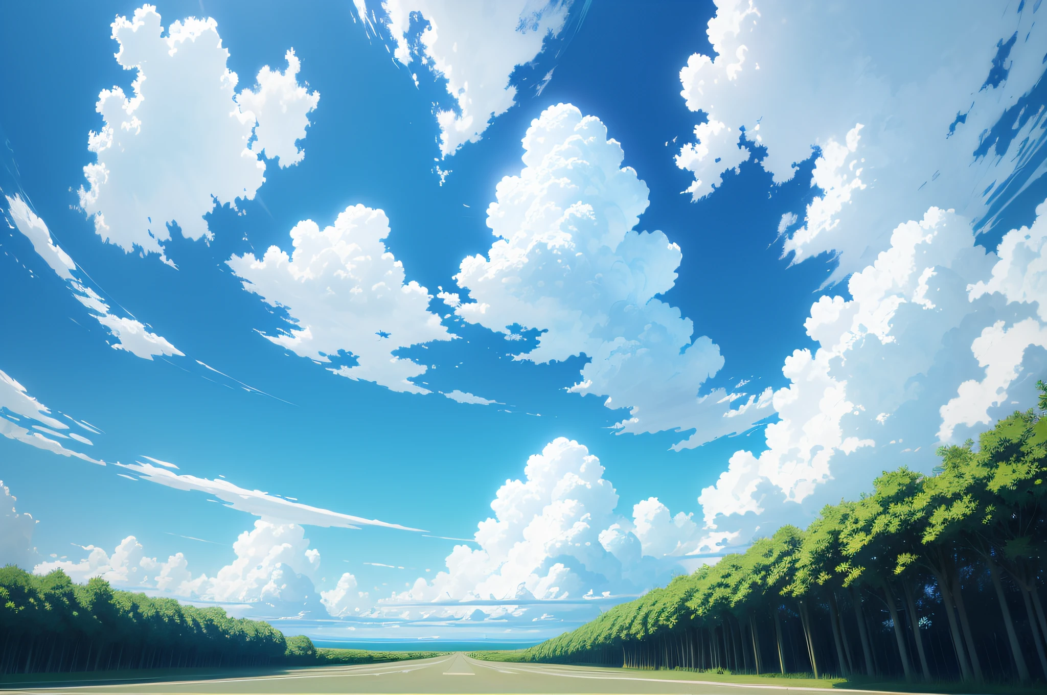 Ultra-detailed,Light blue sky,puffy white clouds,Beautiful animated sky,clear weather,Vivid colors,Anime style,Light and airy atmosphere,Wide-angle perspective,the ground looks up,28mm focal length，All you need is blue skies and white clouds，No other elements are required，The picture is tilted 45 degrees