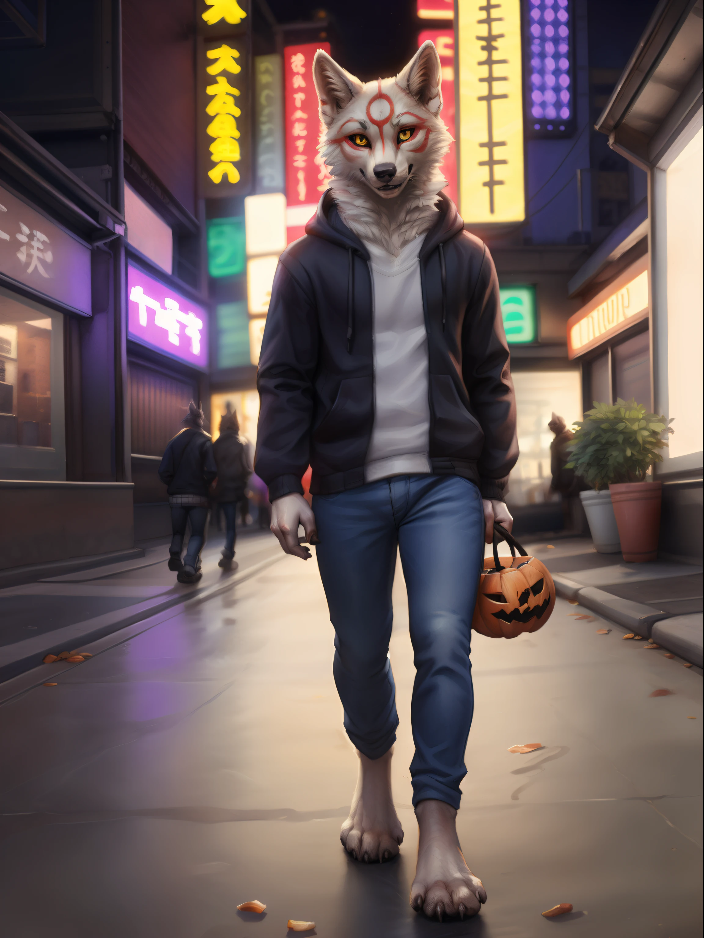 Amaterasu \(okami\), Man's, Solo, , Yellow eyes, black sclera, 4 toes, an legs, toenails, Feet, Clothed, Wearing a black hoodie, jeans, markings, White fur, Street, tokyo prefecture, neon
break,
by Lucis, by personalami, by Kenket, (Convoluted, high detailing, film photography, Soft Focus, RAW candid cinema,
Photorealism, Realistic, Photorealistic, analog style, Subsurface scattering,
masutepiece, Best Quality, A hyper-realistic, (8K)) Halloween theme