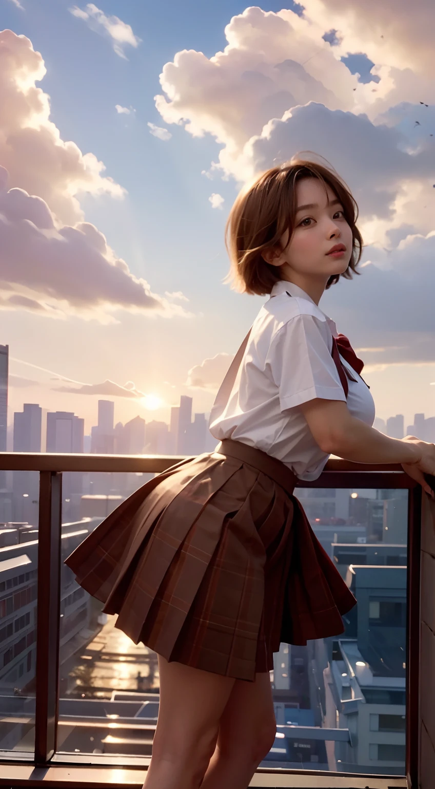 top-quality, masutepiece, High Definition, 16k image, Beautiful High School Girl, （(red blush)), ((Opening legs)), (Medium bob hair), Beautiful light brown hair, beautiful light brown eyes, (plump big breasts), High School Uniform, Constricted waist, White blouse with short sleeves, Pleated skirt , Quiet rooftop of the school, A gentle breeze blows through、The sun shines gracefully in the western sky. Capture this moment when an elegantly dressed schoolgirl in uniform gently tousles her hair in the wind, bathed in the warm hues of the setting sun. Skyscrapers of the city create a beautiful silhouette in the background, While orange clouds stretch across the sky. Convey the serenity and beauty of this fleeting moment.